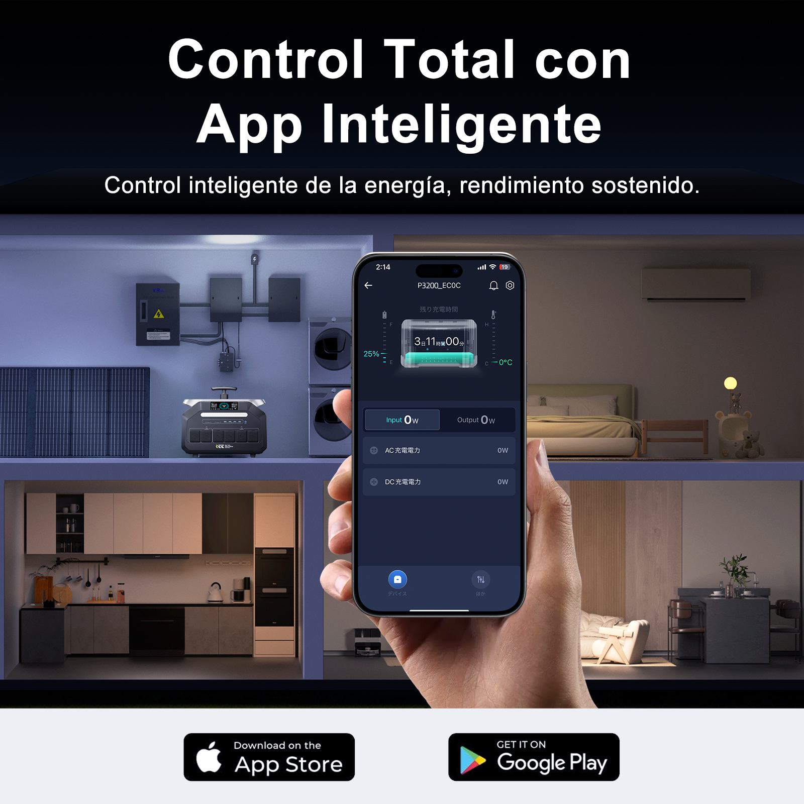 La app muestra una central eléctrica portátil, paneles solares, lavadora y cama.