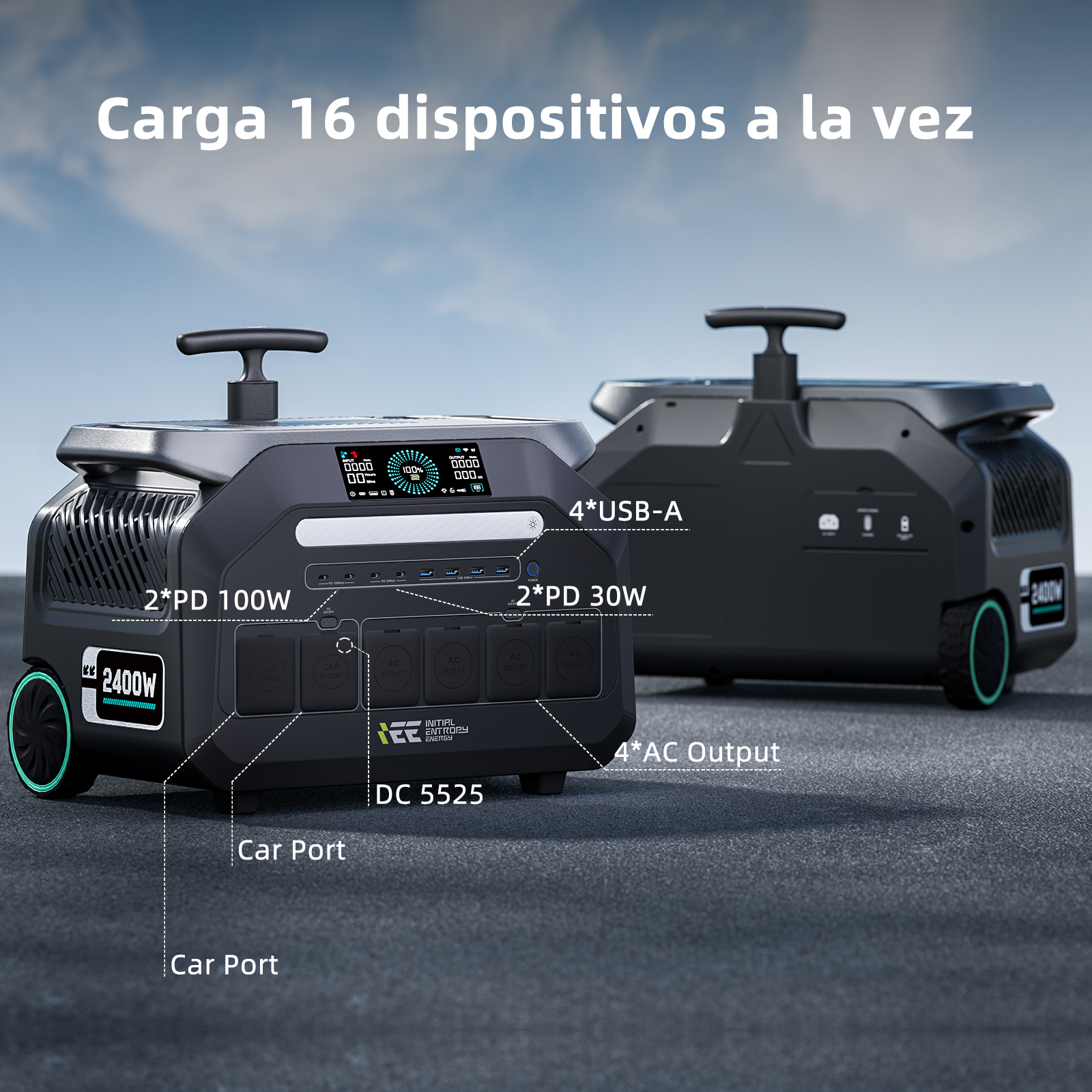 Dos estaciones de energía portátiles con pantallas digitales y asas. Las etiquetas muestran conexiones.