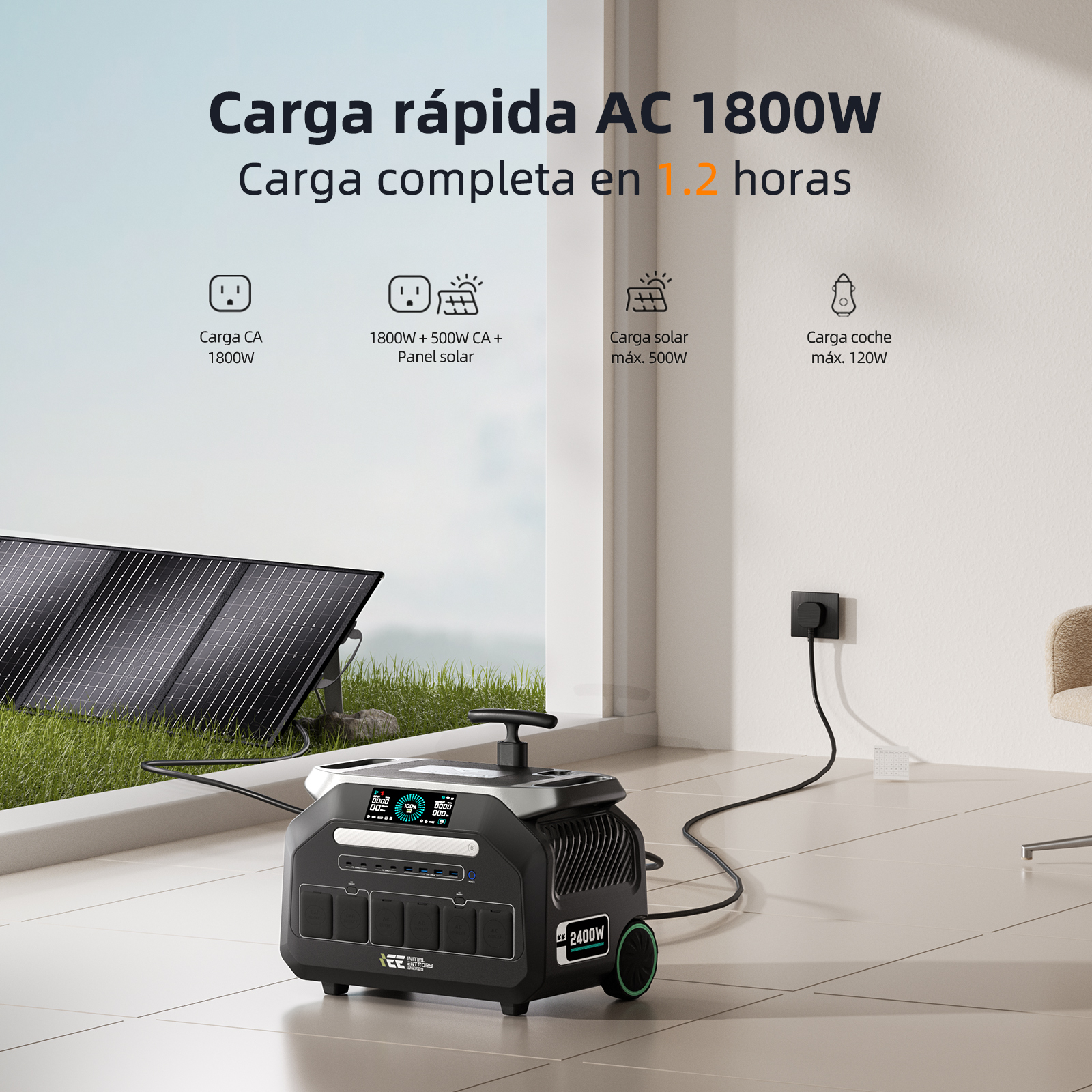 Estación de energía portátil con paneles solares y toma de corriente. Carga rápida.