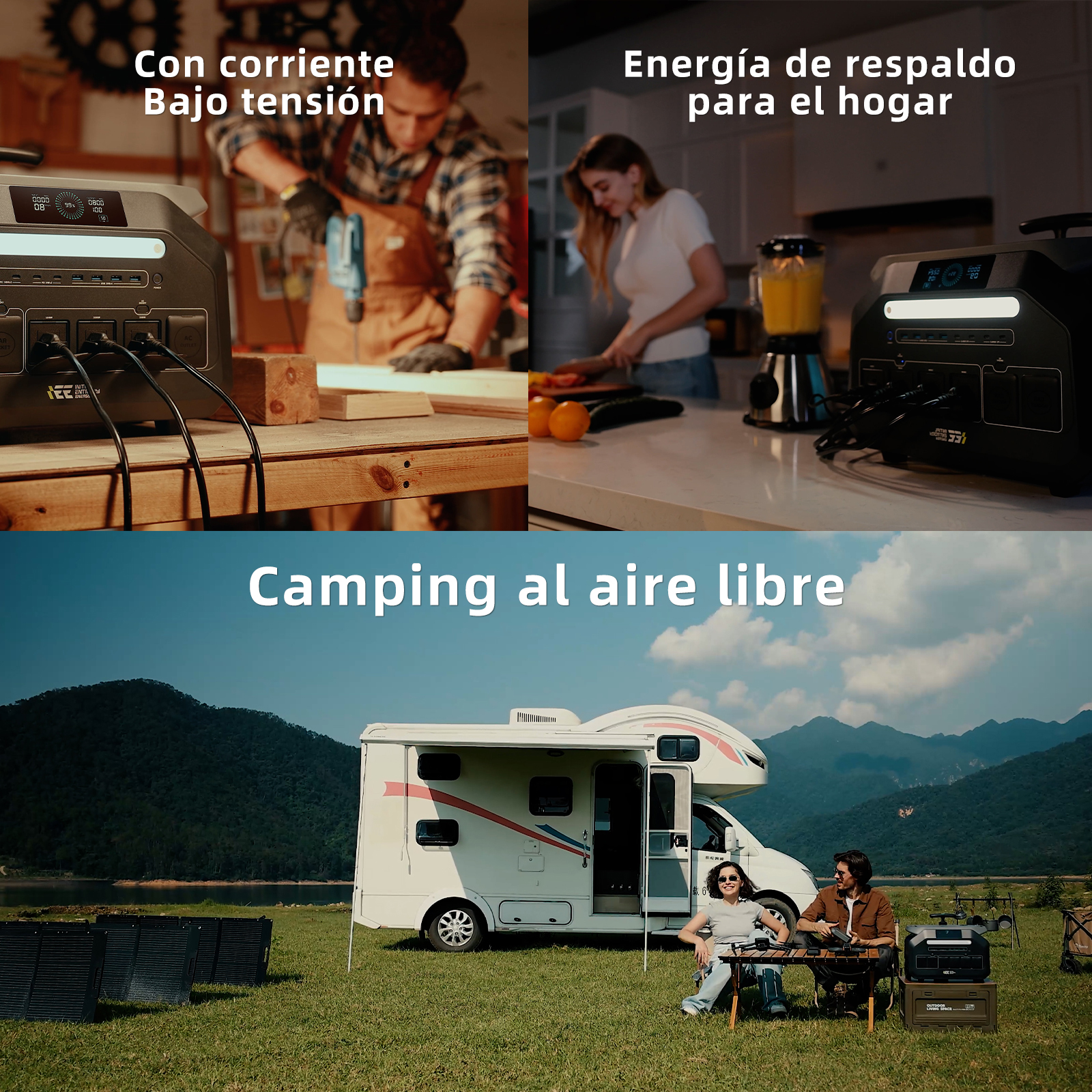 Hombre taladra madera, mujer corta comida, autocaravana afuera.