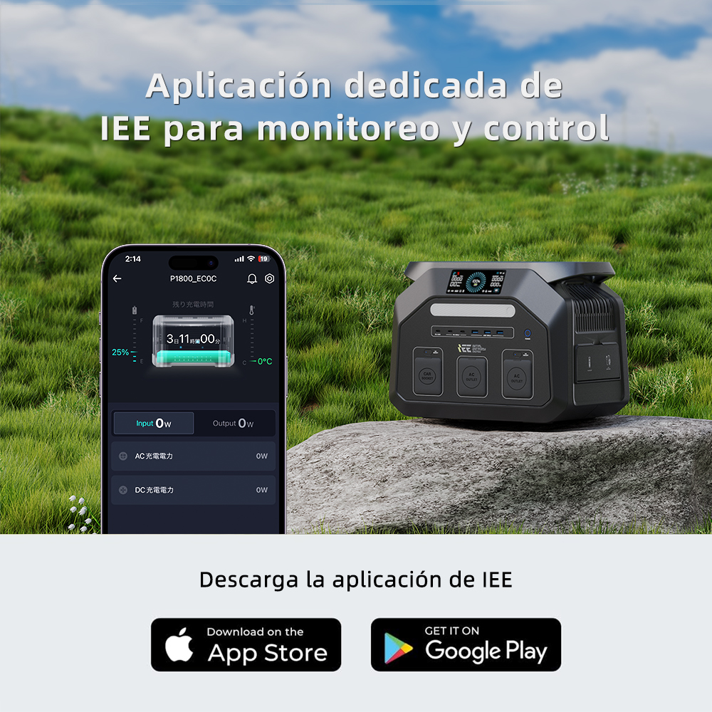Una estación de energía portátil y un smartphone con su app se muestran sobre una roca frente a un campo verde.