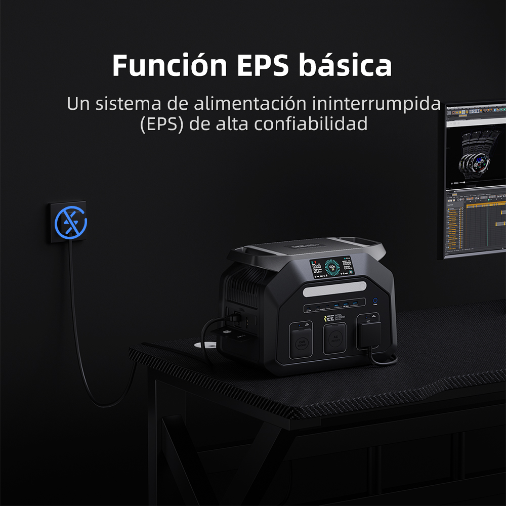 Una central eléctrica negra en una mesa junto a un símbolo azul en la pared.