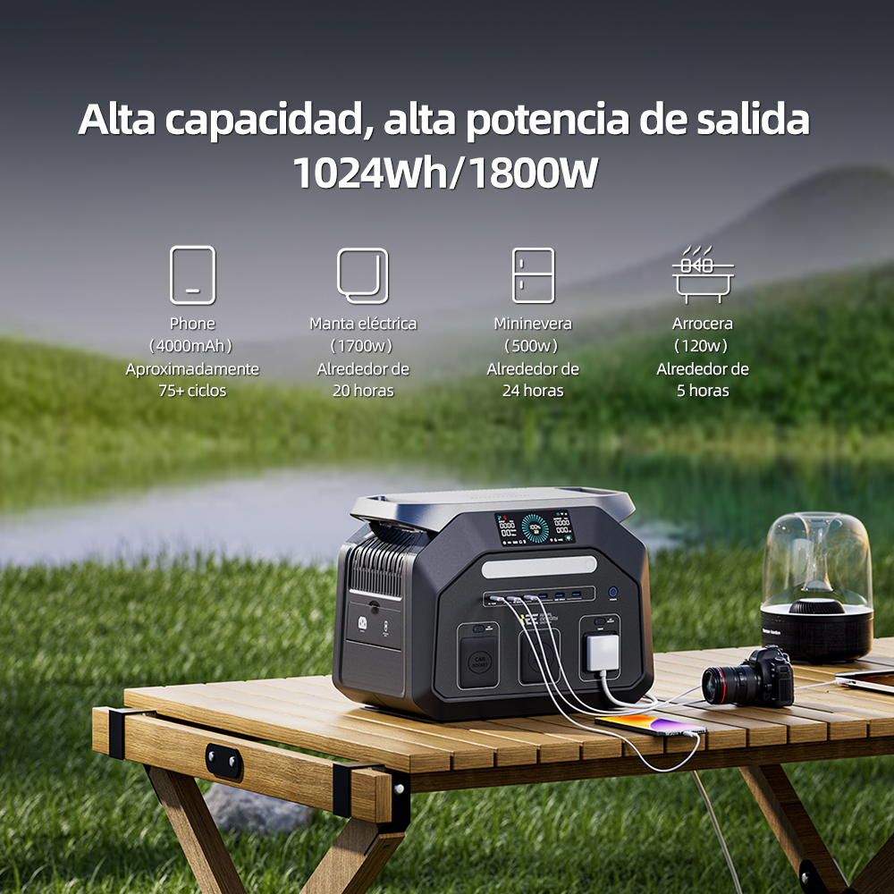 Estación de energía portátil con varios puertos en mesa de madera exterior, junto a cámara y lámpara.
