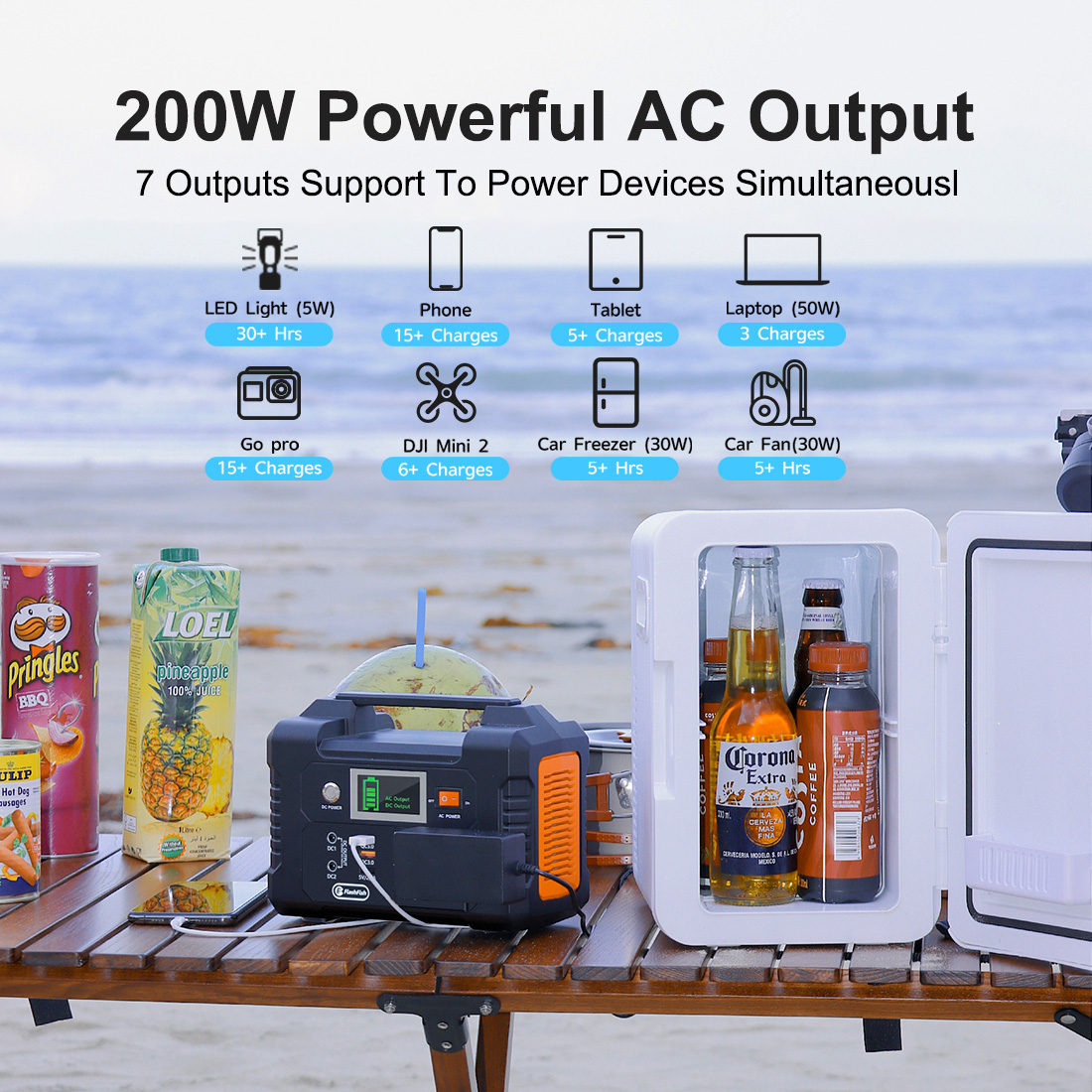 Estación de energía portátil con mini-nevera y bebidas en la playa.