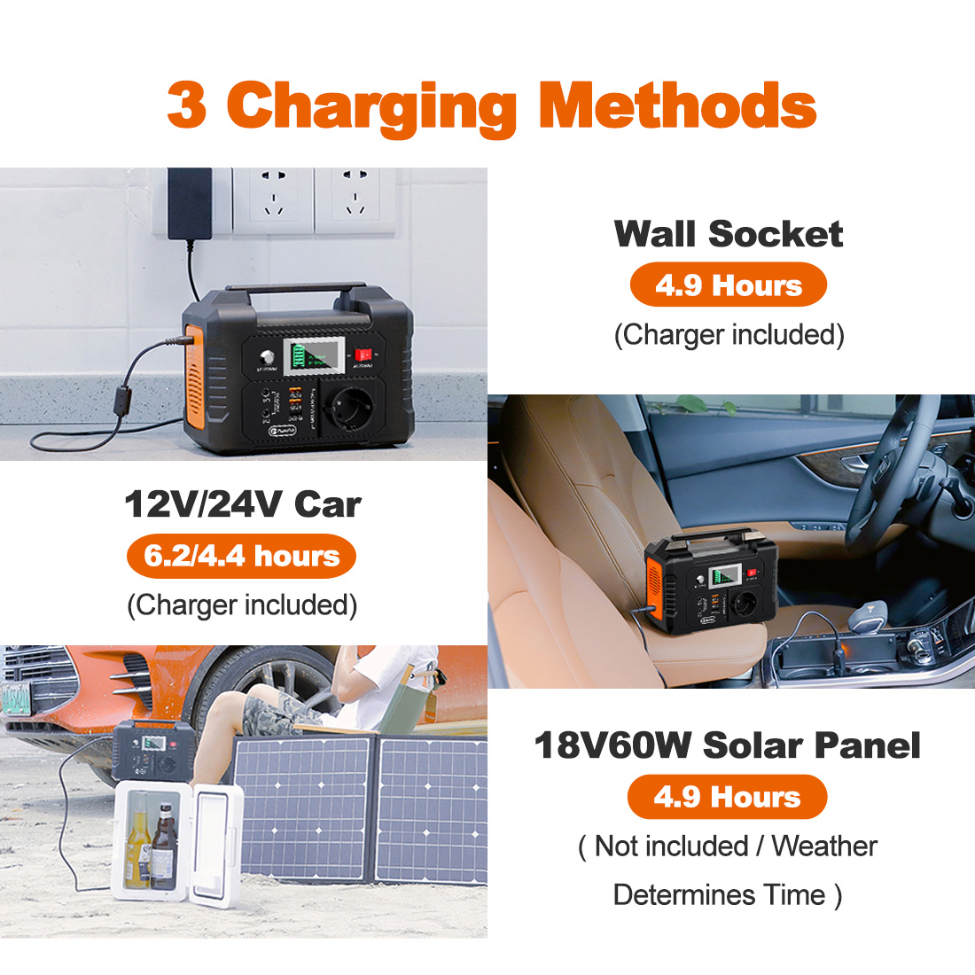 Estación de energía portátil con tres métodos de carga: toma de pared, coche, panel solar.
