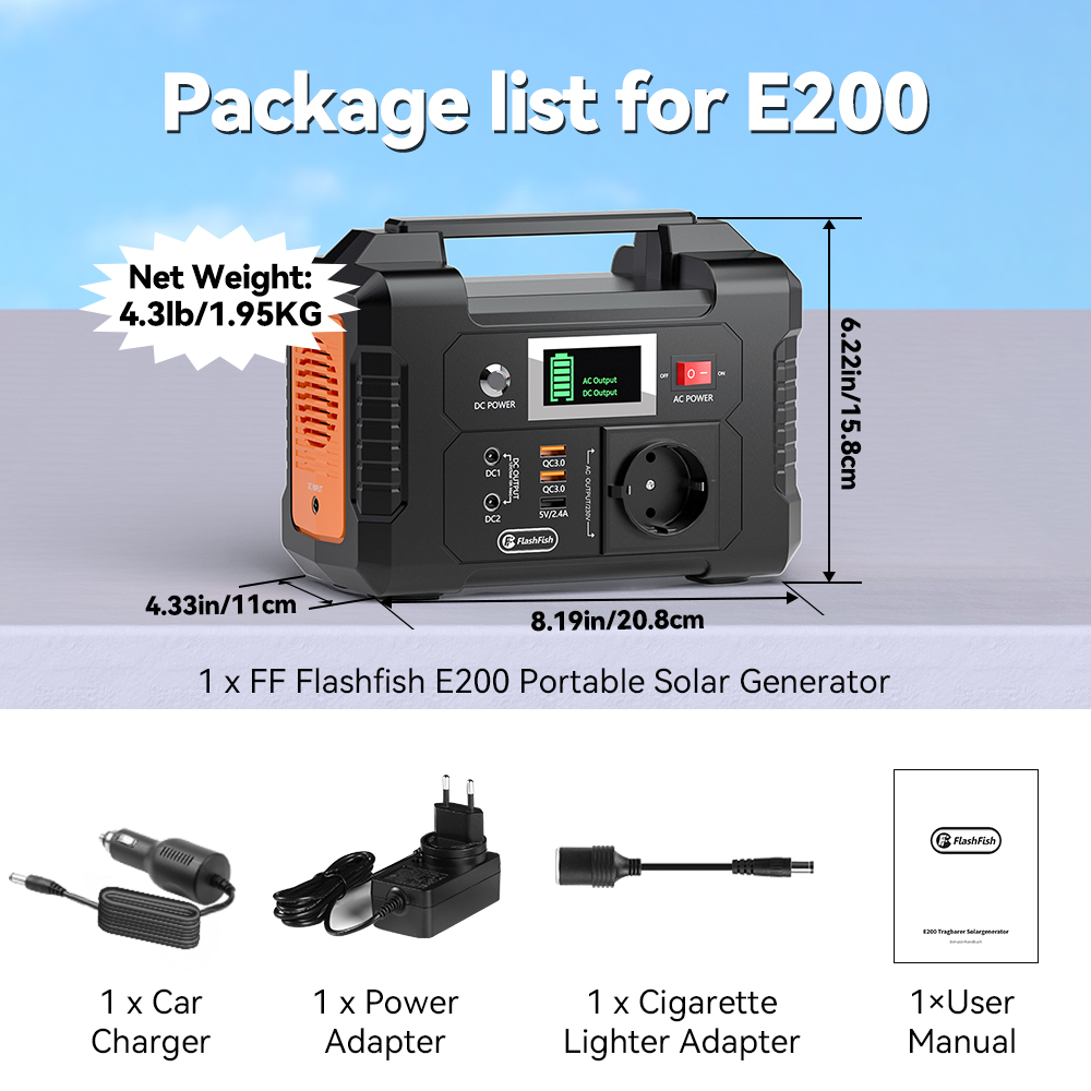 Contenido del paquete del generador solar portátil FF Flashfish E200: generador, cargador de coche, adaptador de corriente, adaptador de mechero, manual.