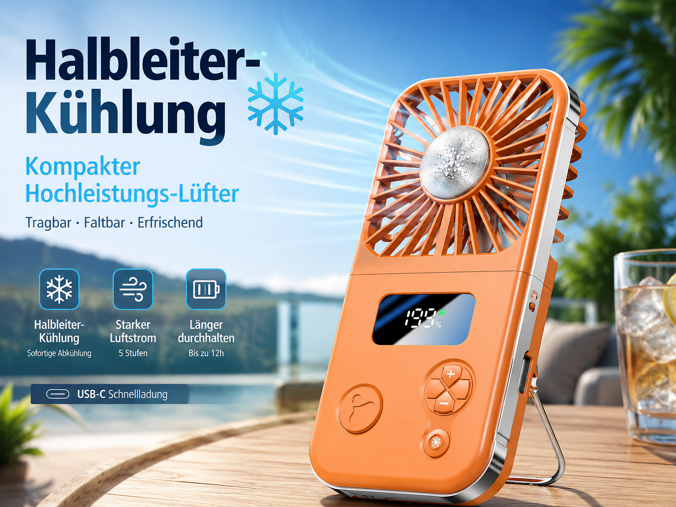 Ein orangefarbener Lüfter steht auf einem Tisch, daneben ein Glas mit Eis und Zitrone.