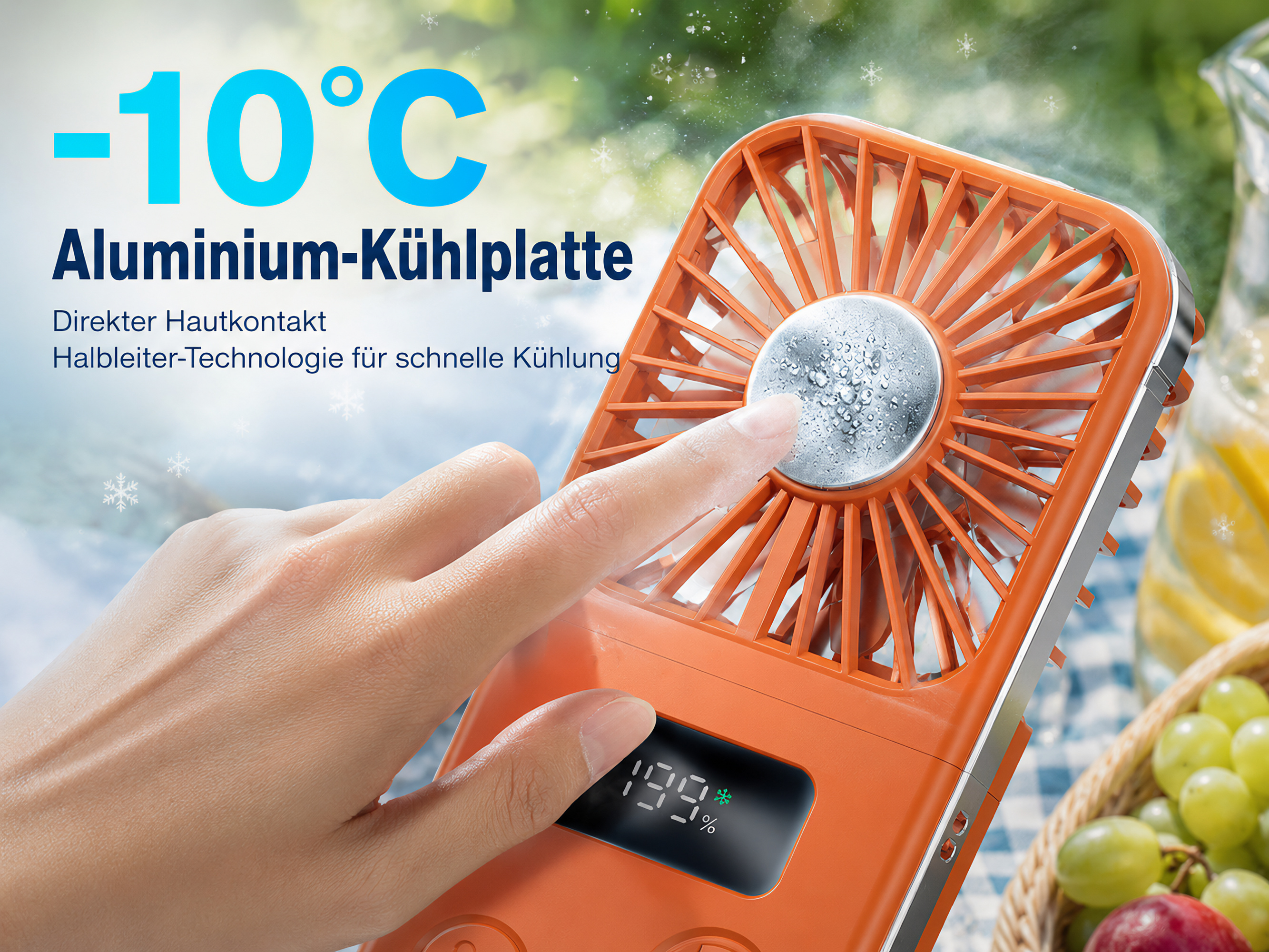 Orange Handventilator mit Display bei -10°C, zeigt 19% an.