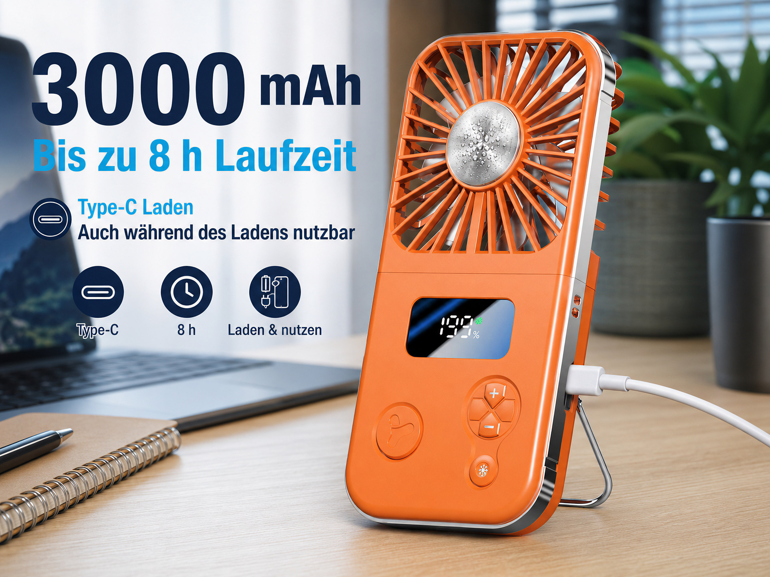 Ein orangefarbener Lüfter mit Typ-C-Ladeanschluss und 8h Laufzeit.