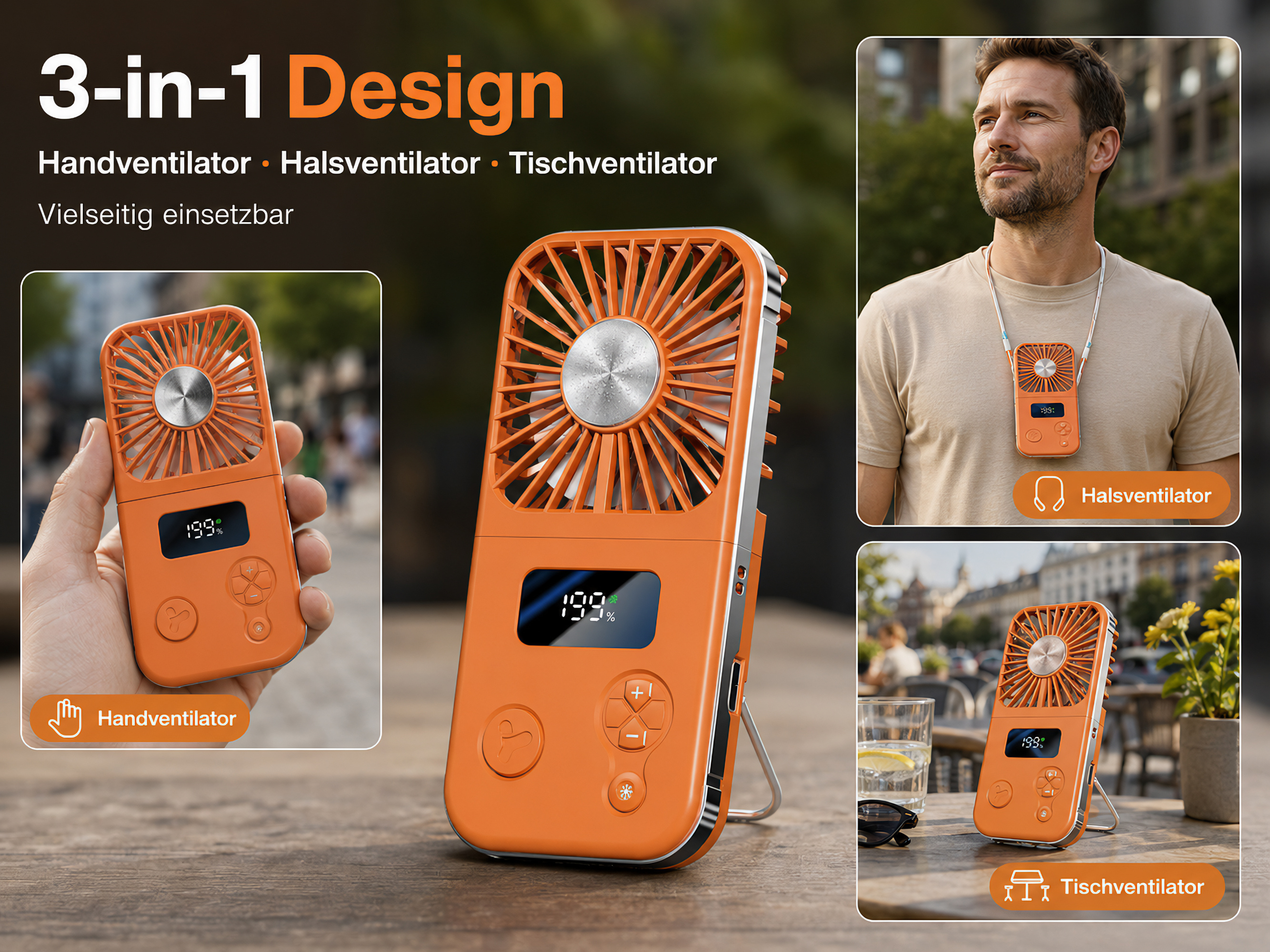 Orange 3-in-1 Lüfter: Hand-, Hals-, Tischventilator. Mann trägt Halsventilator.