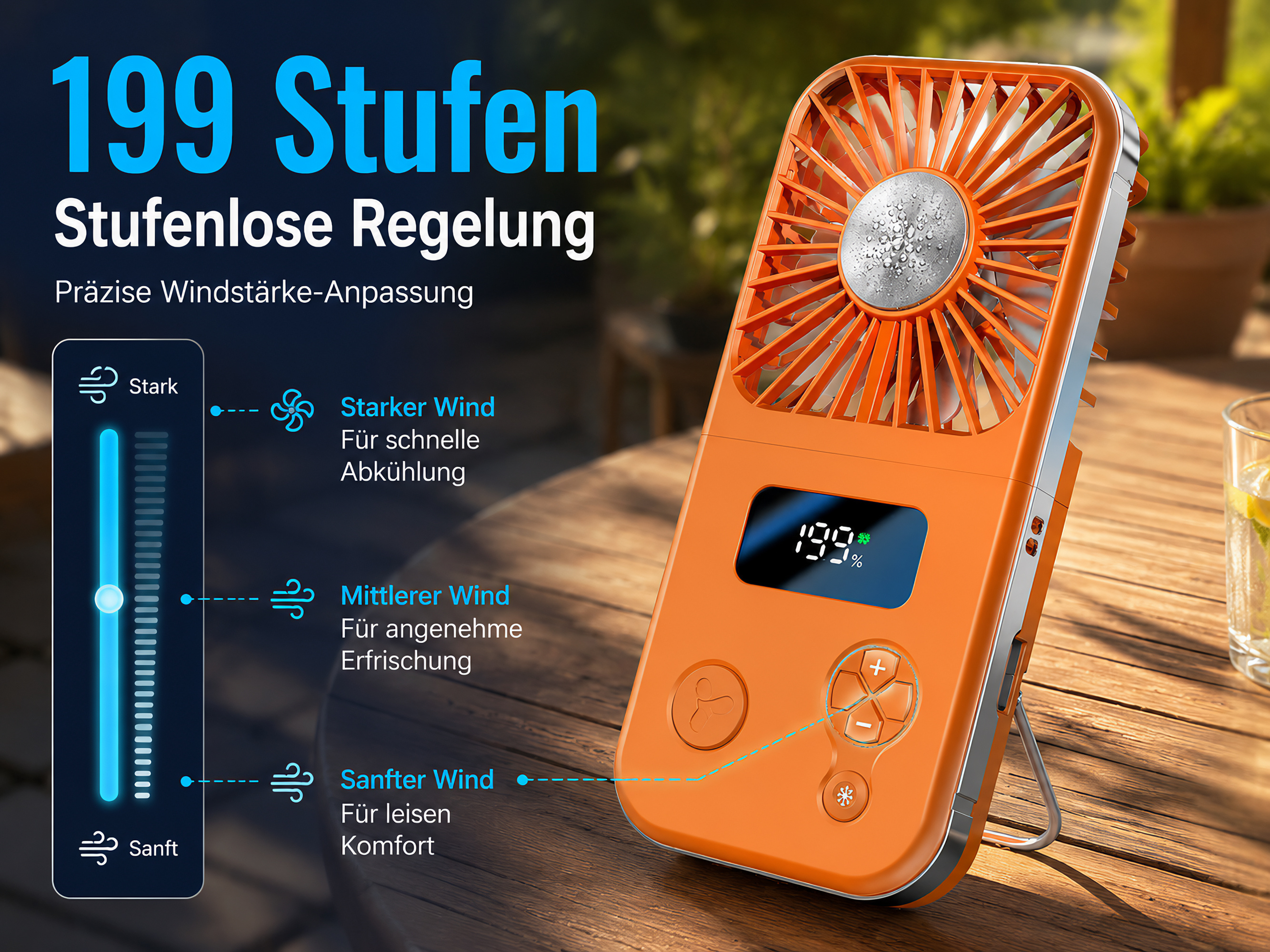 Ein orangefarbener Lüfter mit Display, der 199 Stufen anzeigt. daneben ein Slider für Windstärke.