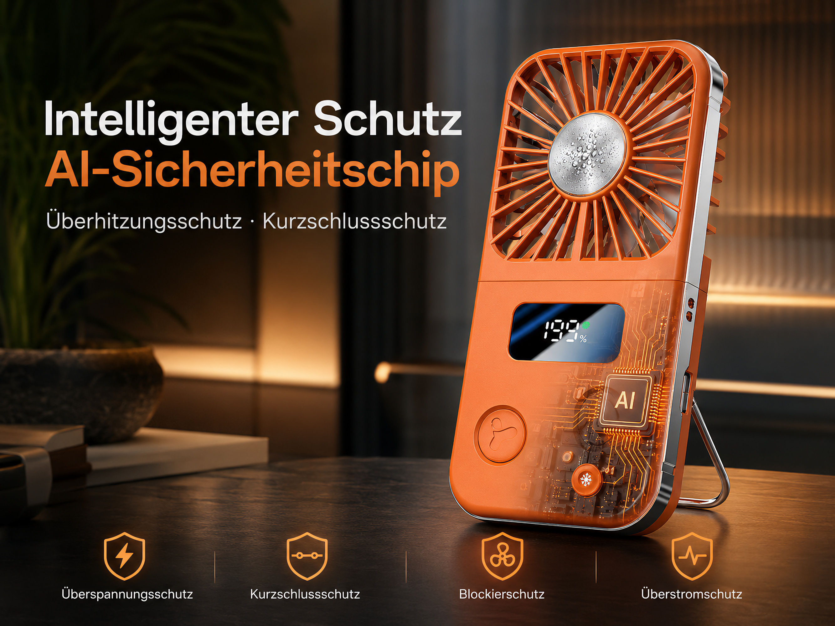 Ein orangefarbener Ventilator mit digitaler Anzeige und KI-Chip auf einem Tisch.