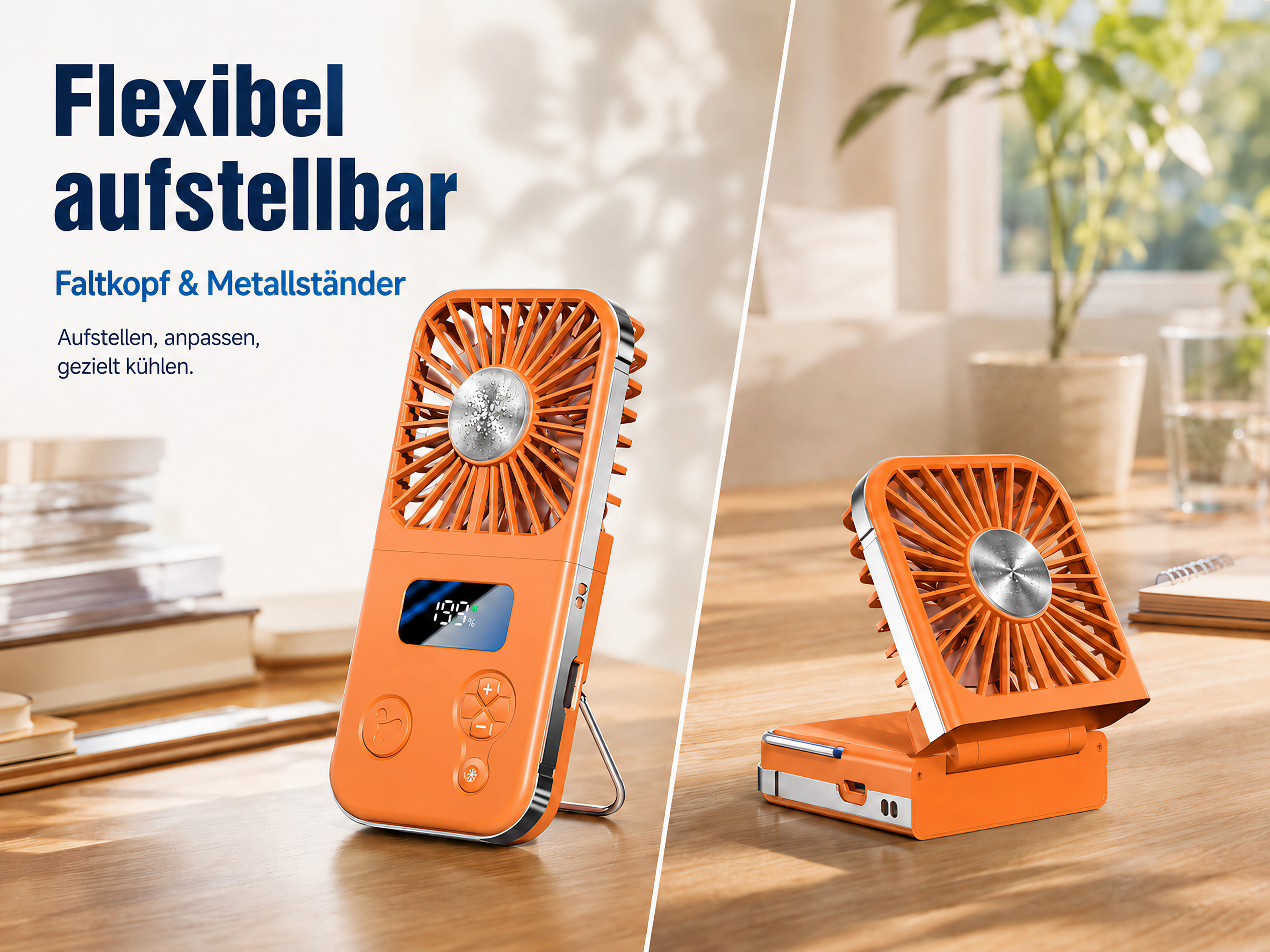 Orange faltbarer Ventilator mit digitaler Anzeige auf einem Holztisch.