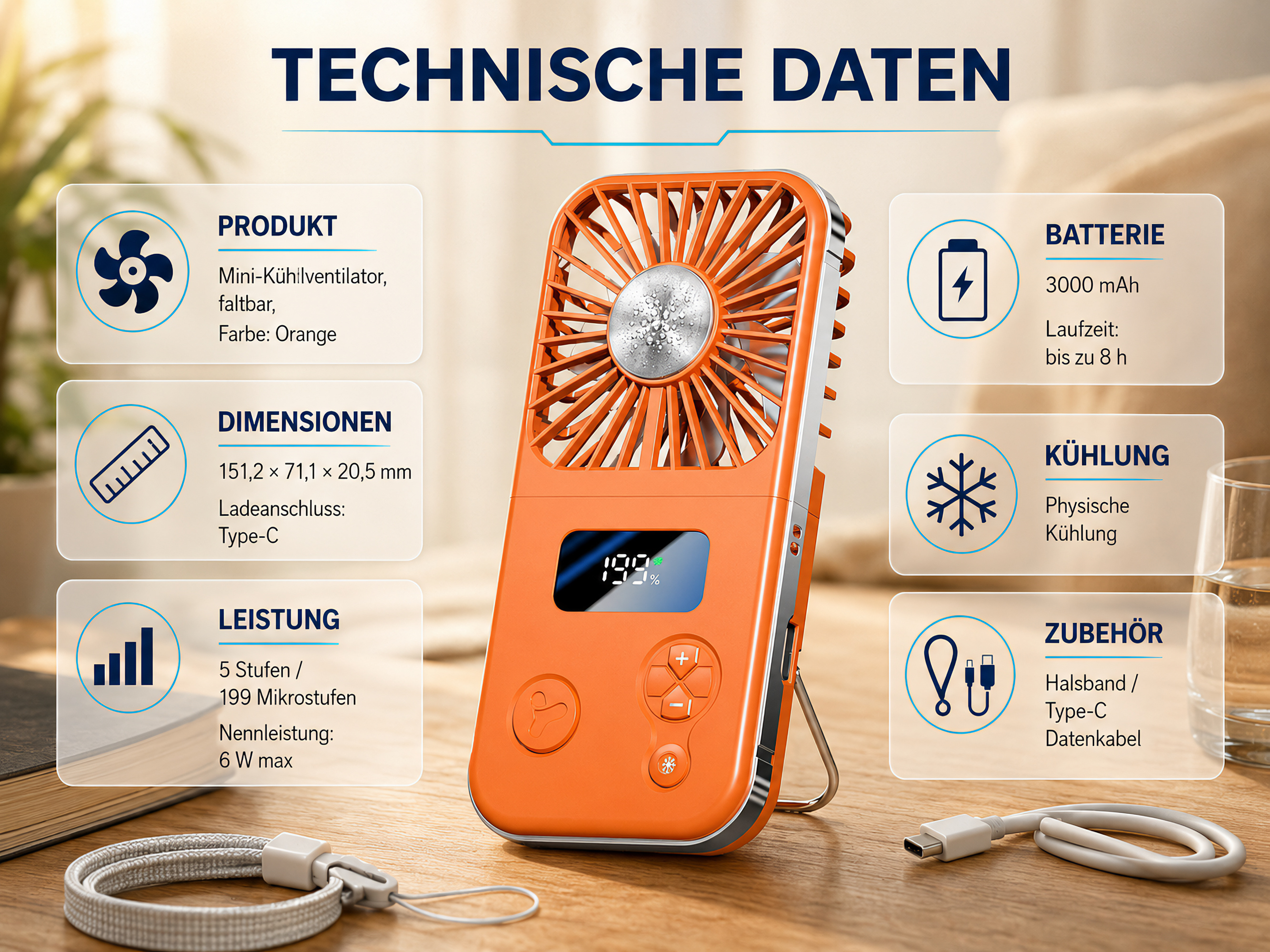 Orange Mini-Ventilator mit technischen Daten, Akku, Kühlung und Zubehör.