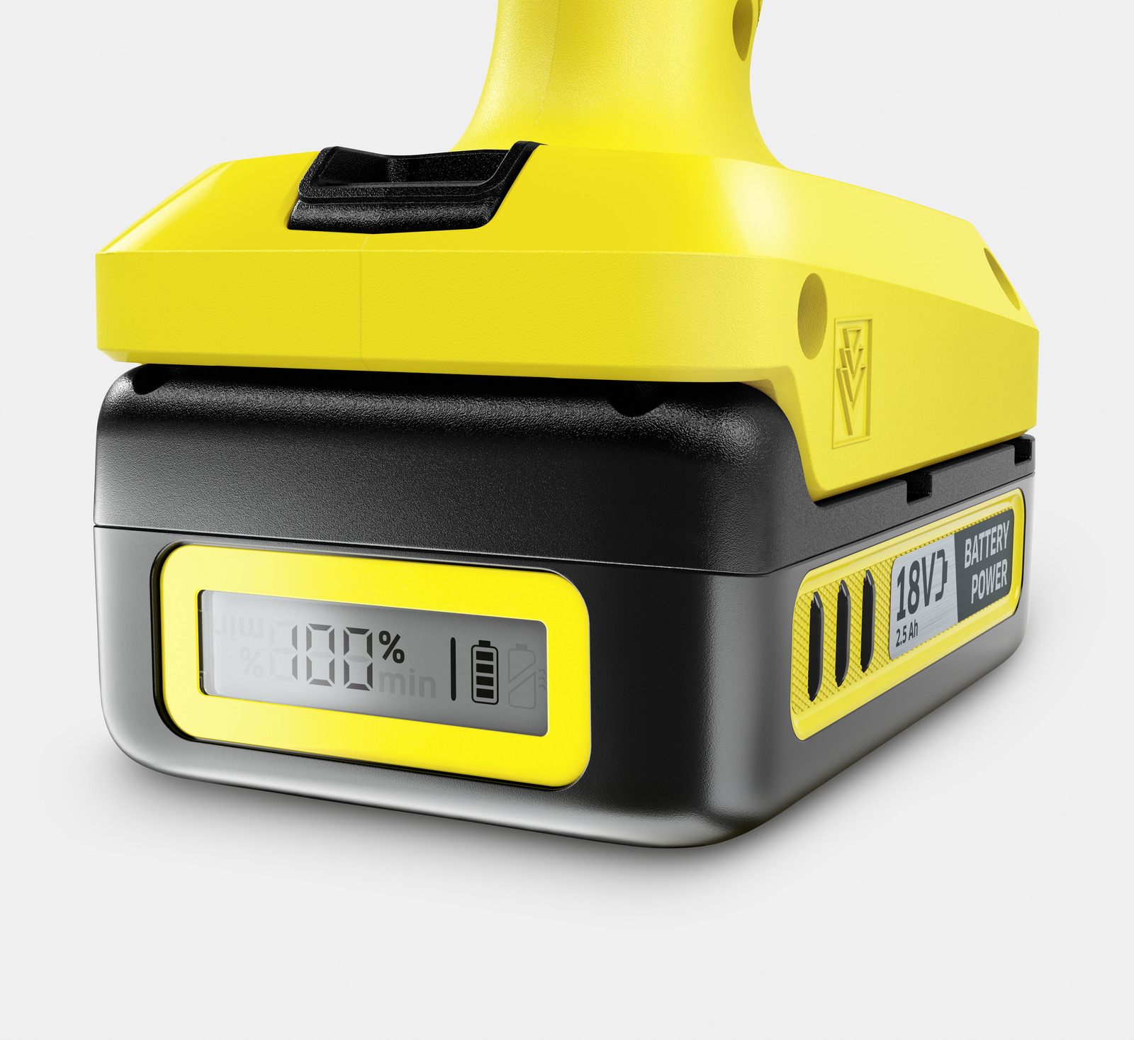 Yellow battery with black casing and digital display: 100%, 2.5 Ah.