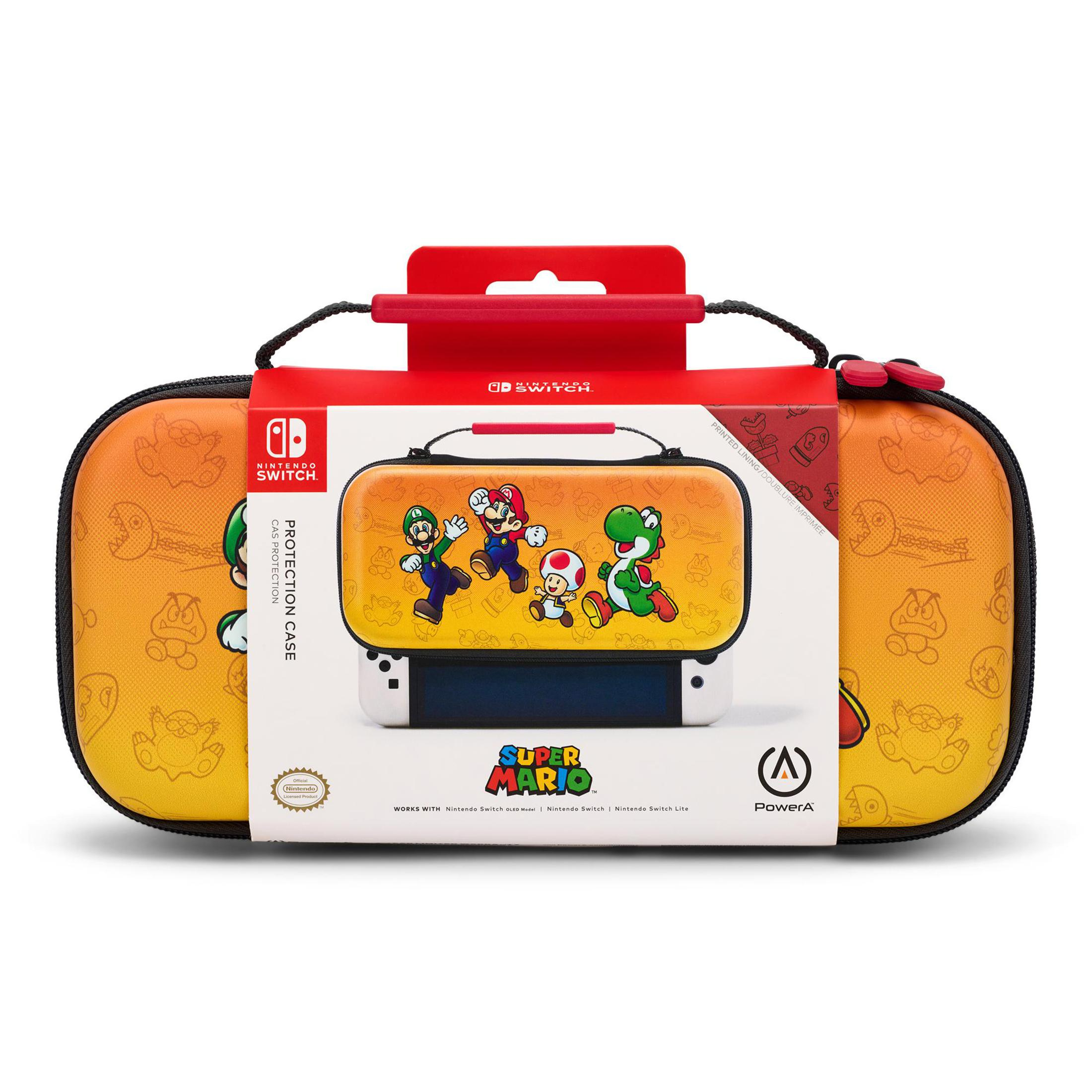 Etui Nintendo Switch z postaciami Super Mario: Luigi, Mario, Yoshi i Toad.