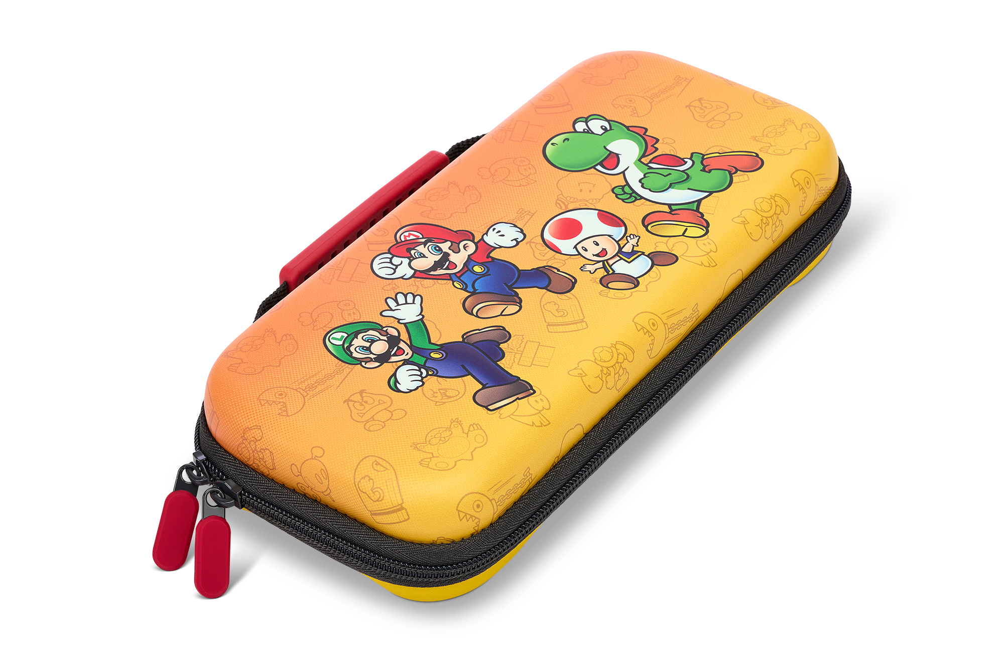 Pomarańczowe etui Nintendo Switch z Mario, Luigi, Yoshi i Toad.