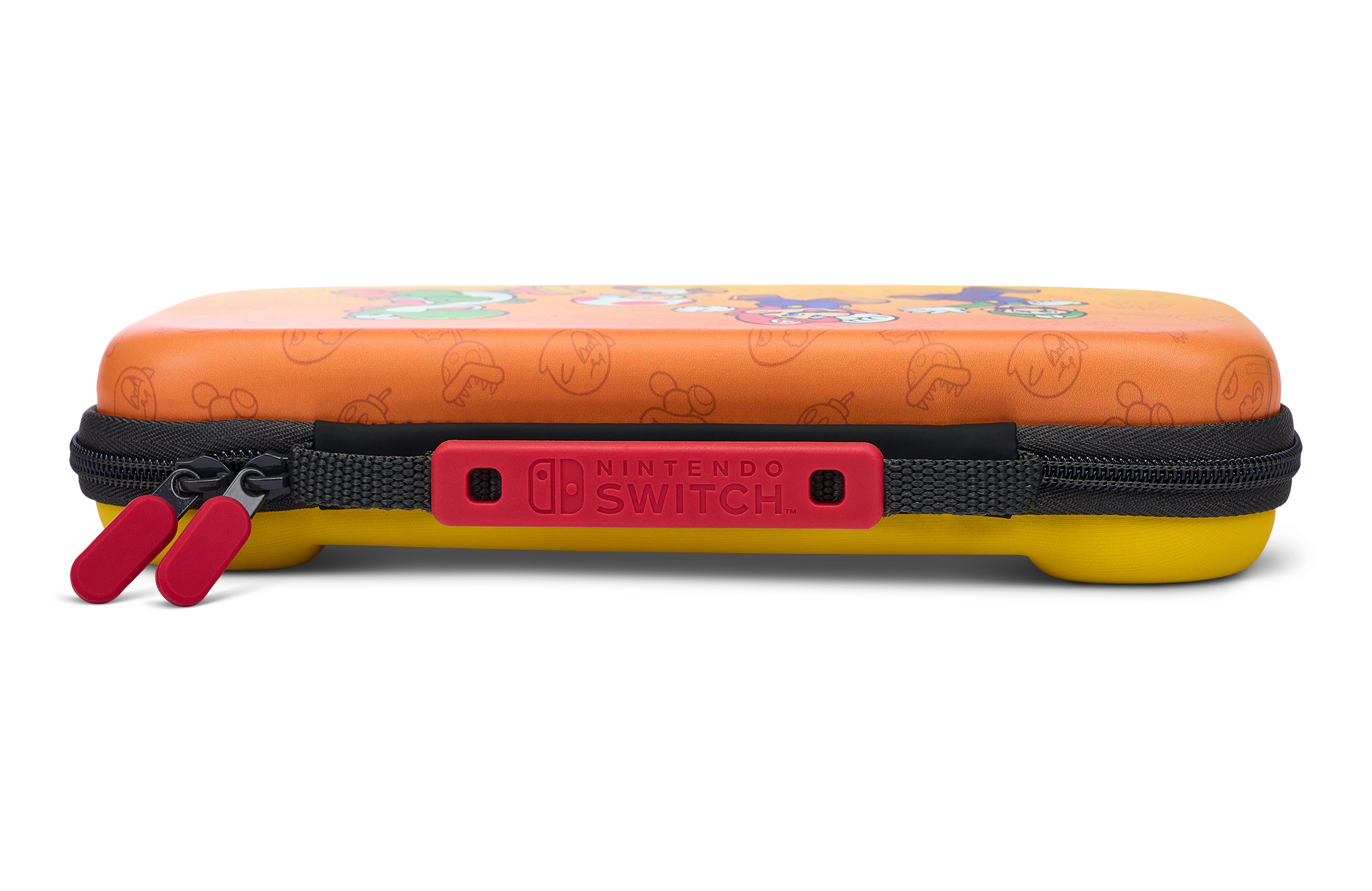 Pomarańczowe etui na Nintendo Switch z żółtą podstawą i grafiką Mario.