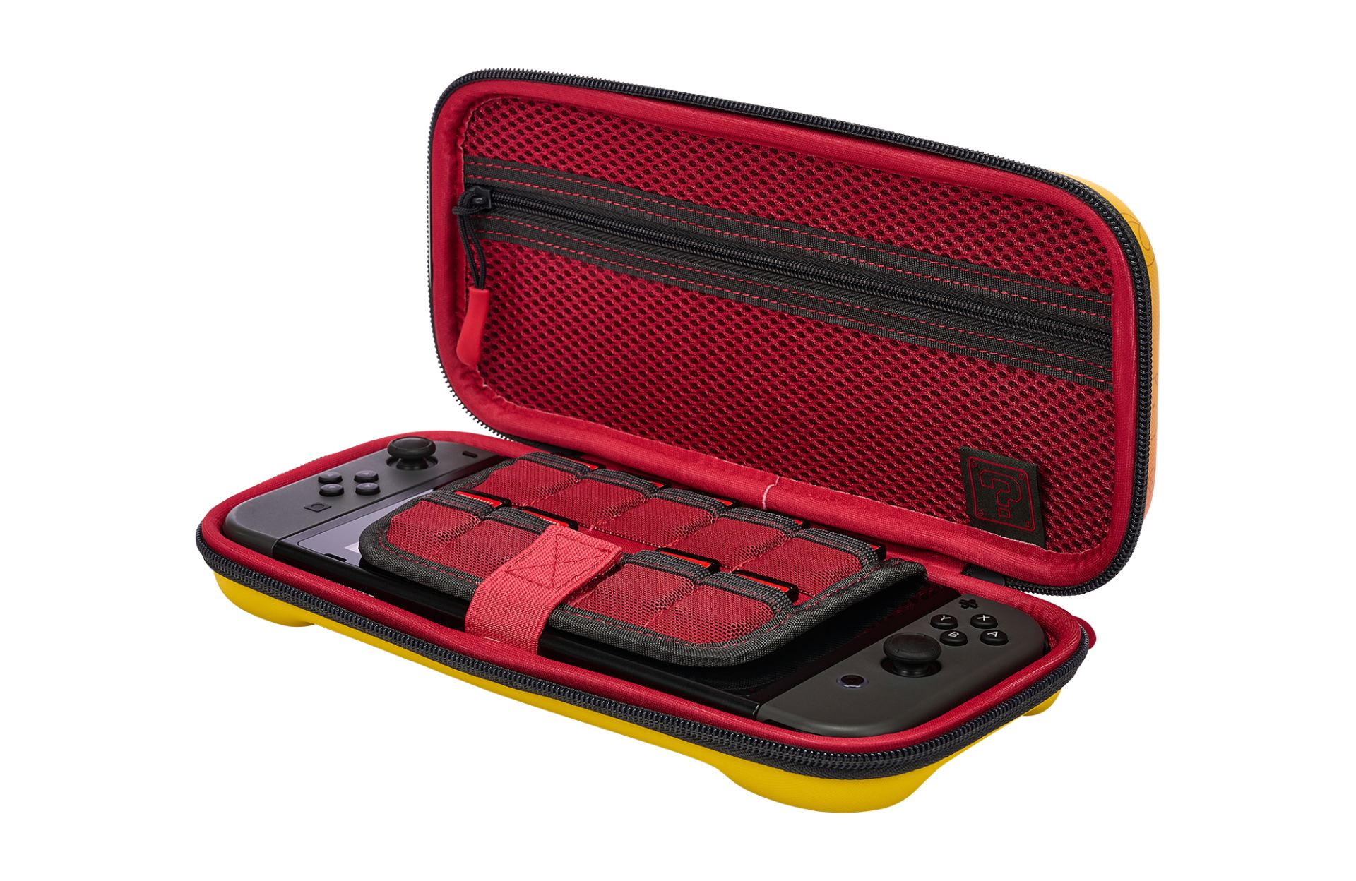 Żółte etui na Nintendo Switch z czerwonym, siateczkowym wnętrzem i slotami.