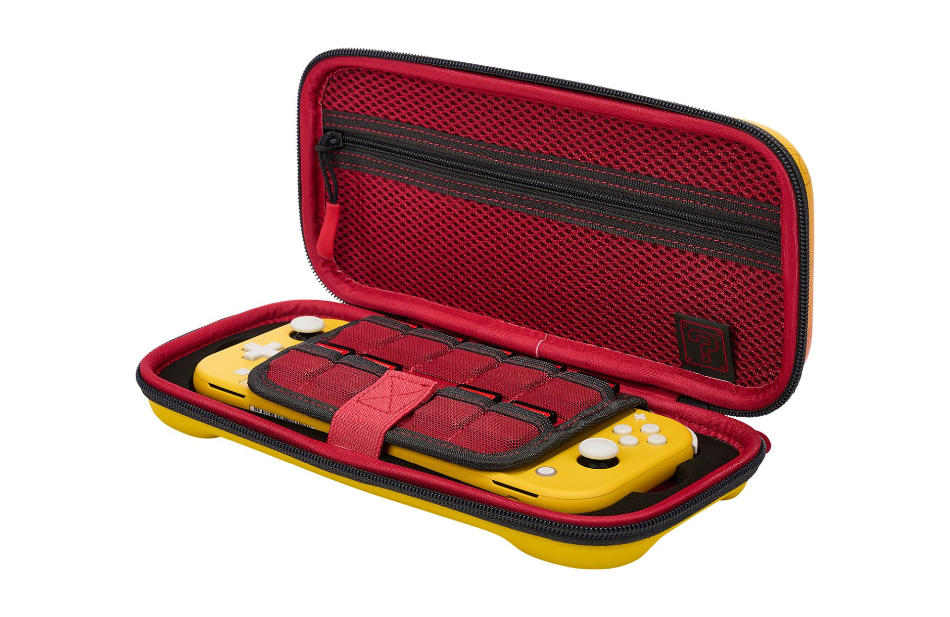 Żółty Nintendo Switch Lite w otwartym żółto-czerwonym etui z siateczkową kieszenią.