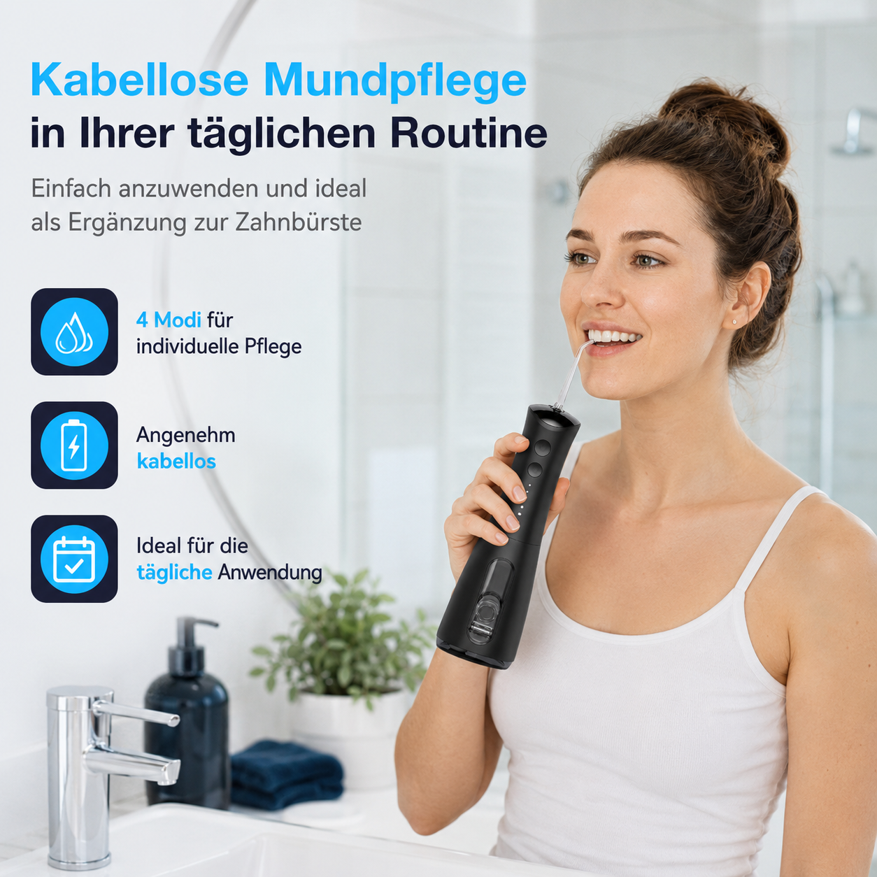 Frau benutzt eine kabellose Munddusche in einem Badezimmer, mit Text über Merkmale.