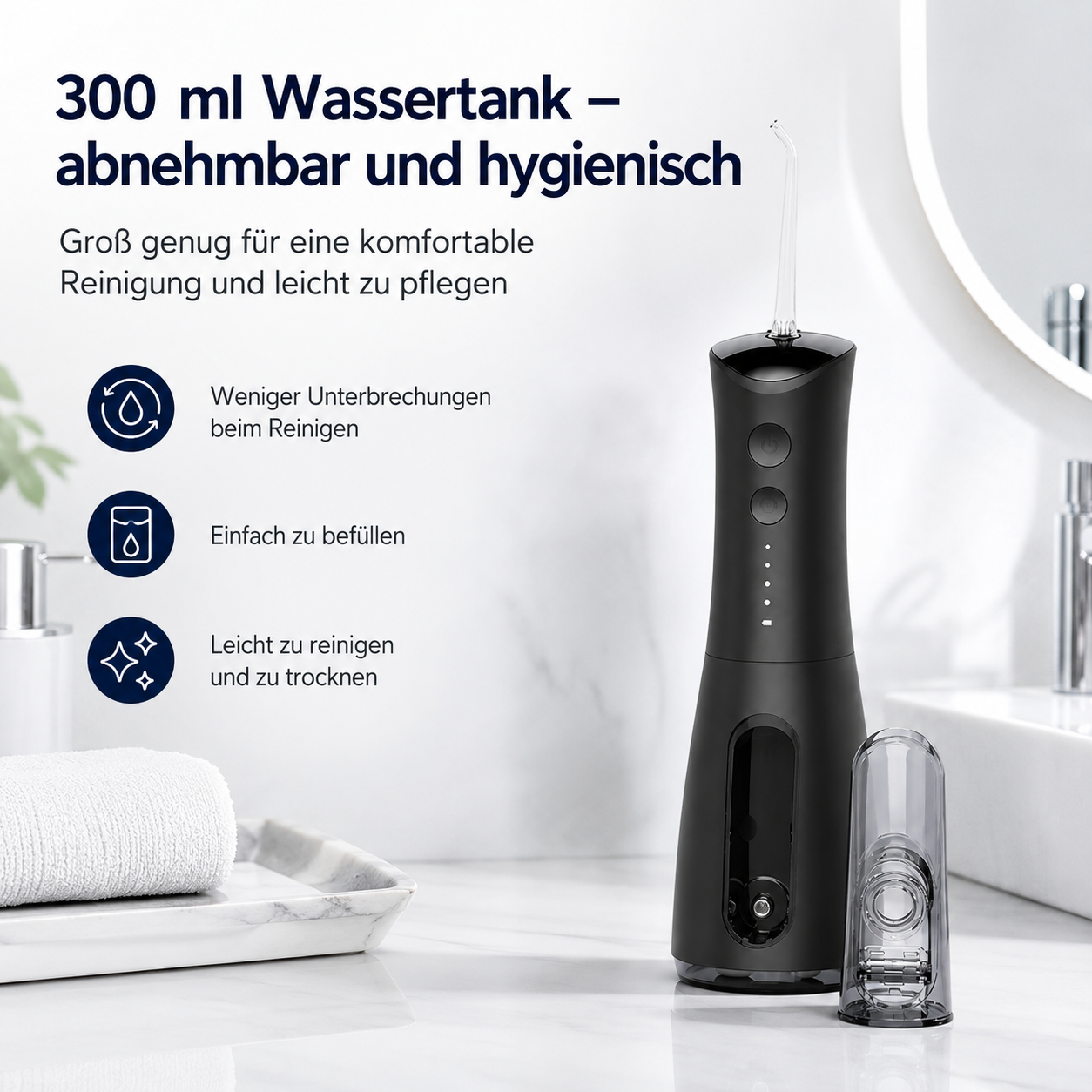 Schwarzer elektrischer Mundduschen mit 300ml abnehmbarem Wassertank, daneben ein gefüllter Wassertank.