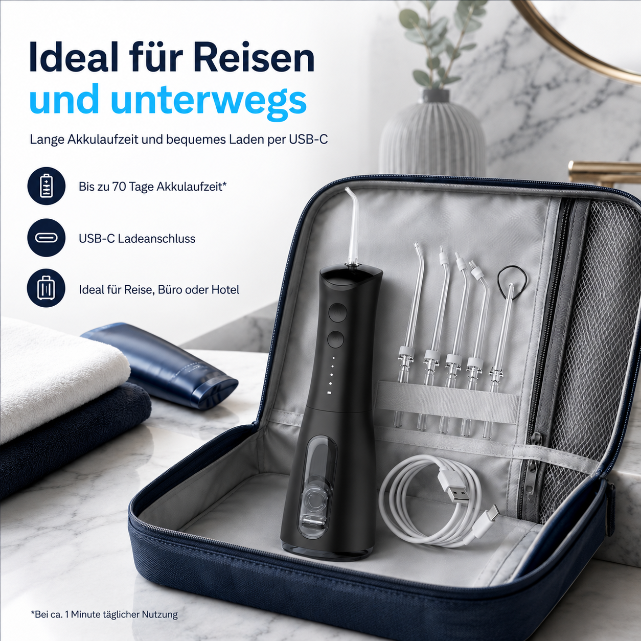 Ein schwarzer Mundduschen-Set in einer Tasche, mit extra Aufsätzen und USB-C Kabel.