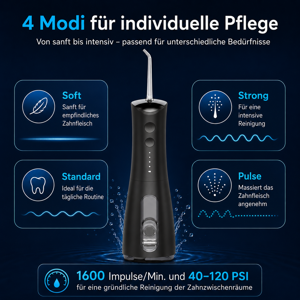 Ein schwarzer Mundduschen mit 4 Modi: Soft, Standard, Strong, Pulse.
