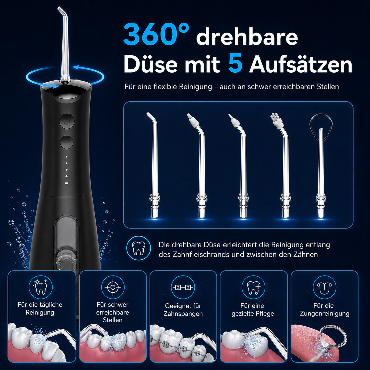 Schwarzer elektrischer Zahnreiniger mit 5 Aufsätzen und Anwendungsbeispielen.