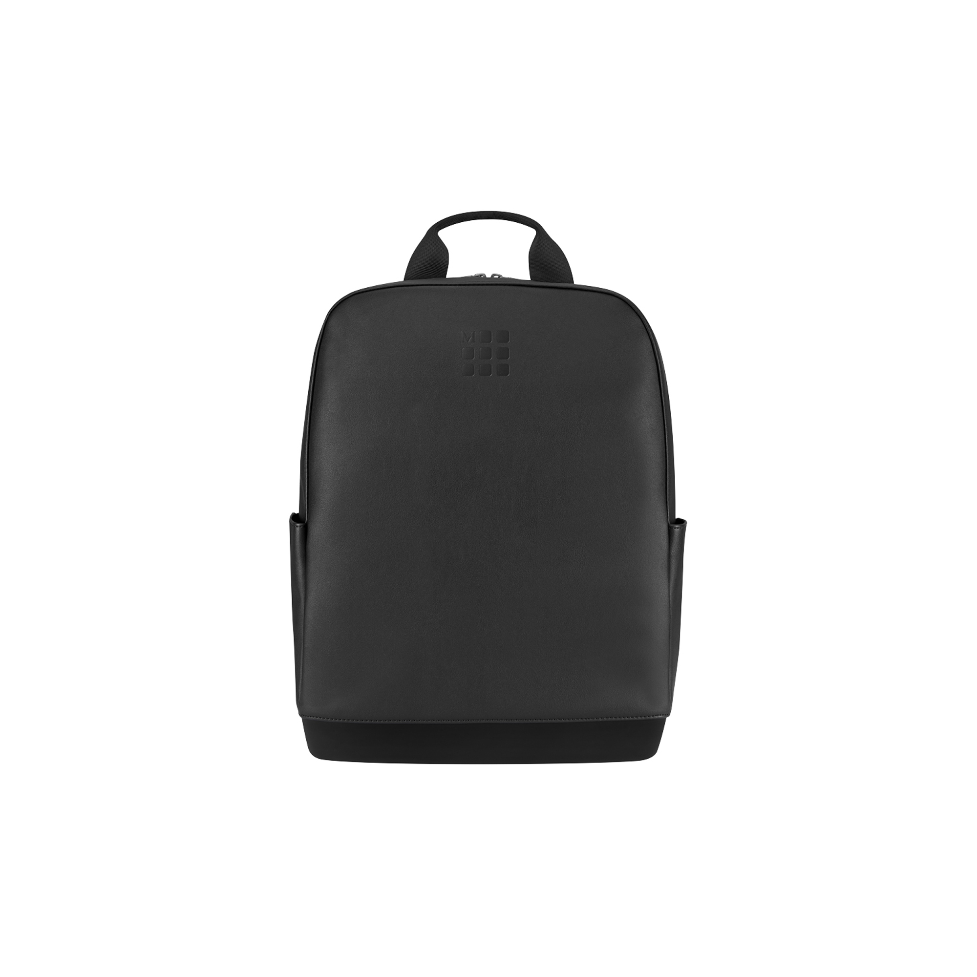 Uno zaino nero con manico superiore e tasche laterali, con logo sul davanti.