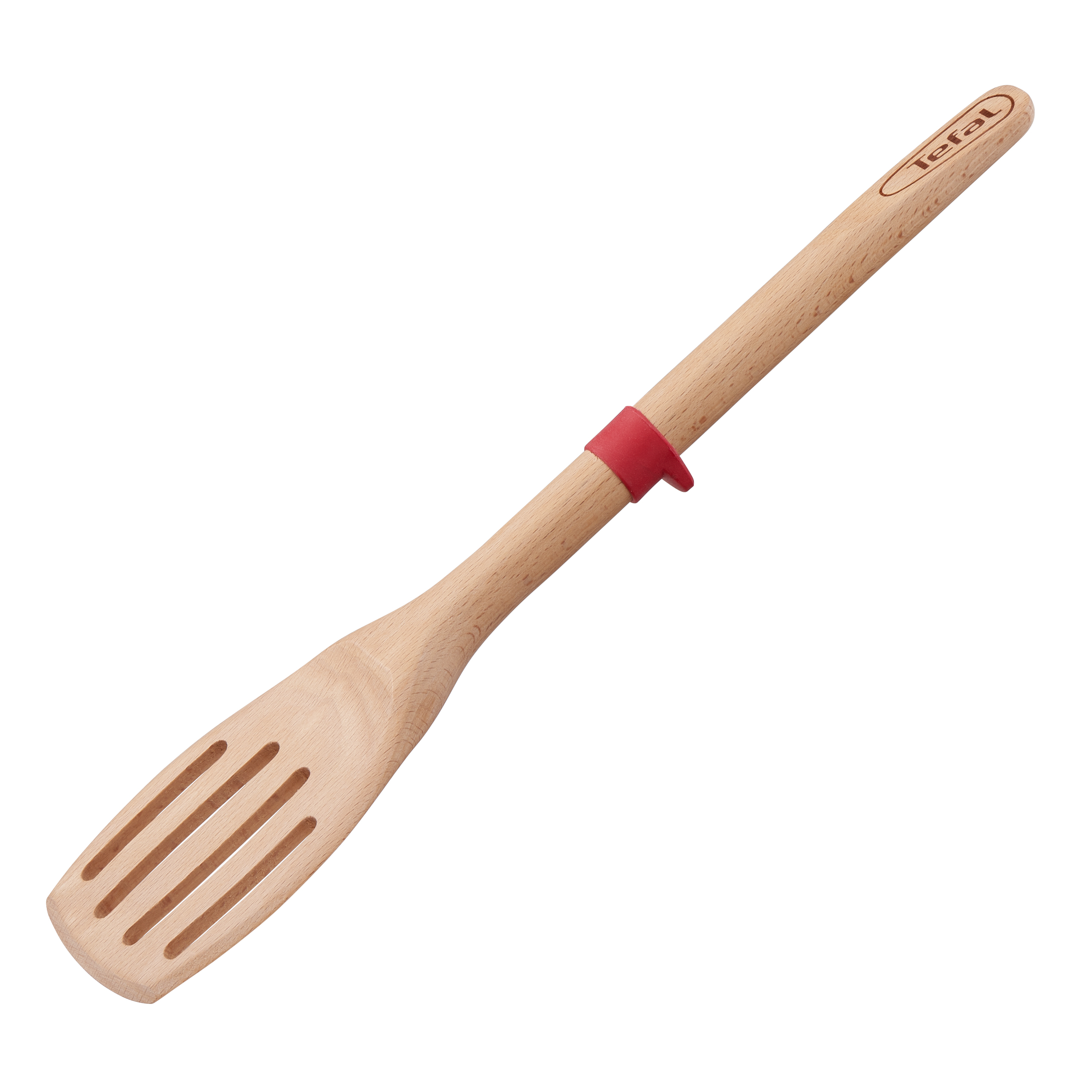 Ein Kochlöffel aus Holz mit Schlitzen und einem roten Band.