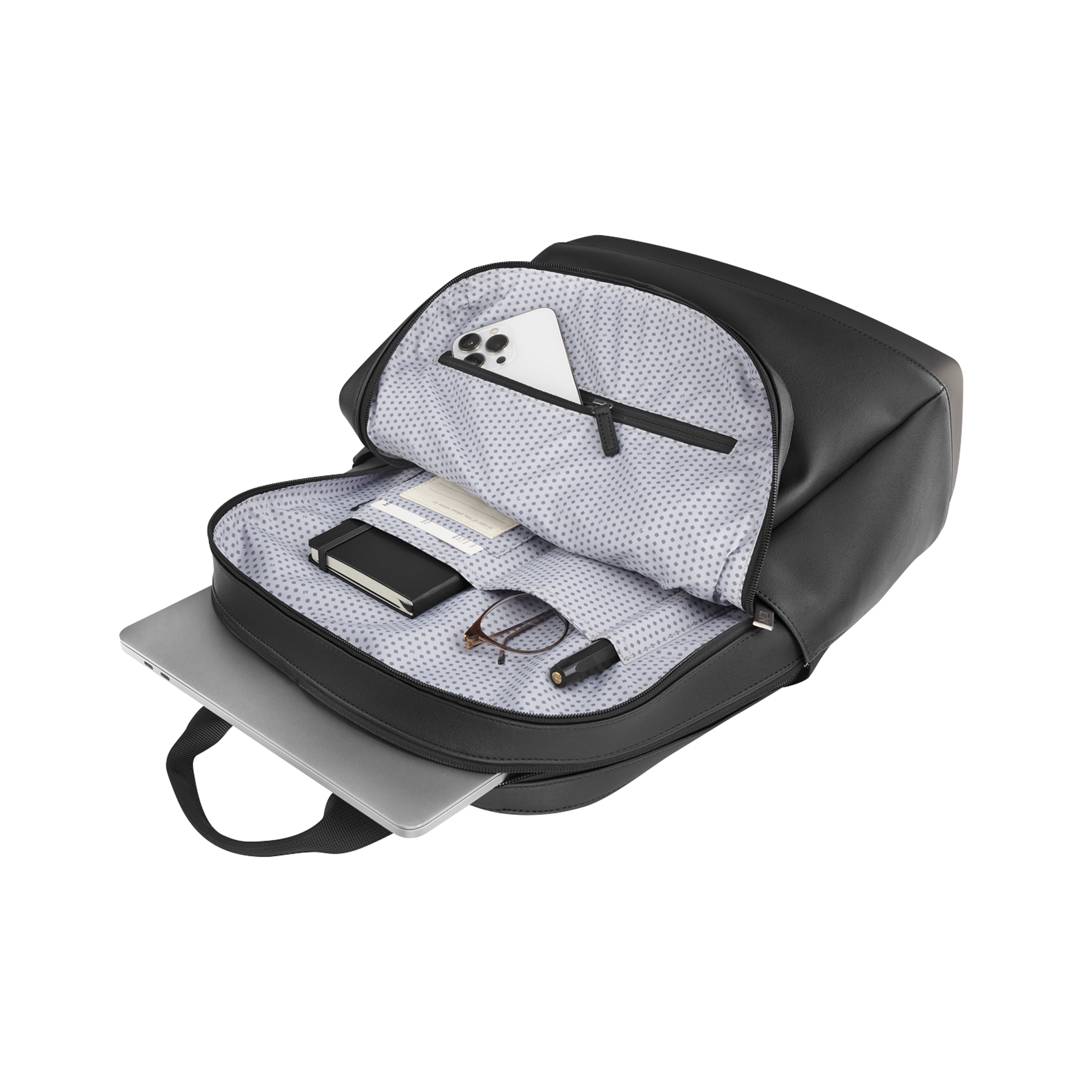Zaino nero con laptop, telefono, taccuino, occhiali e penna.