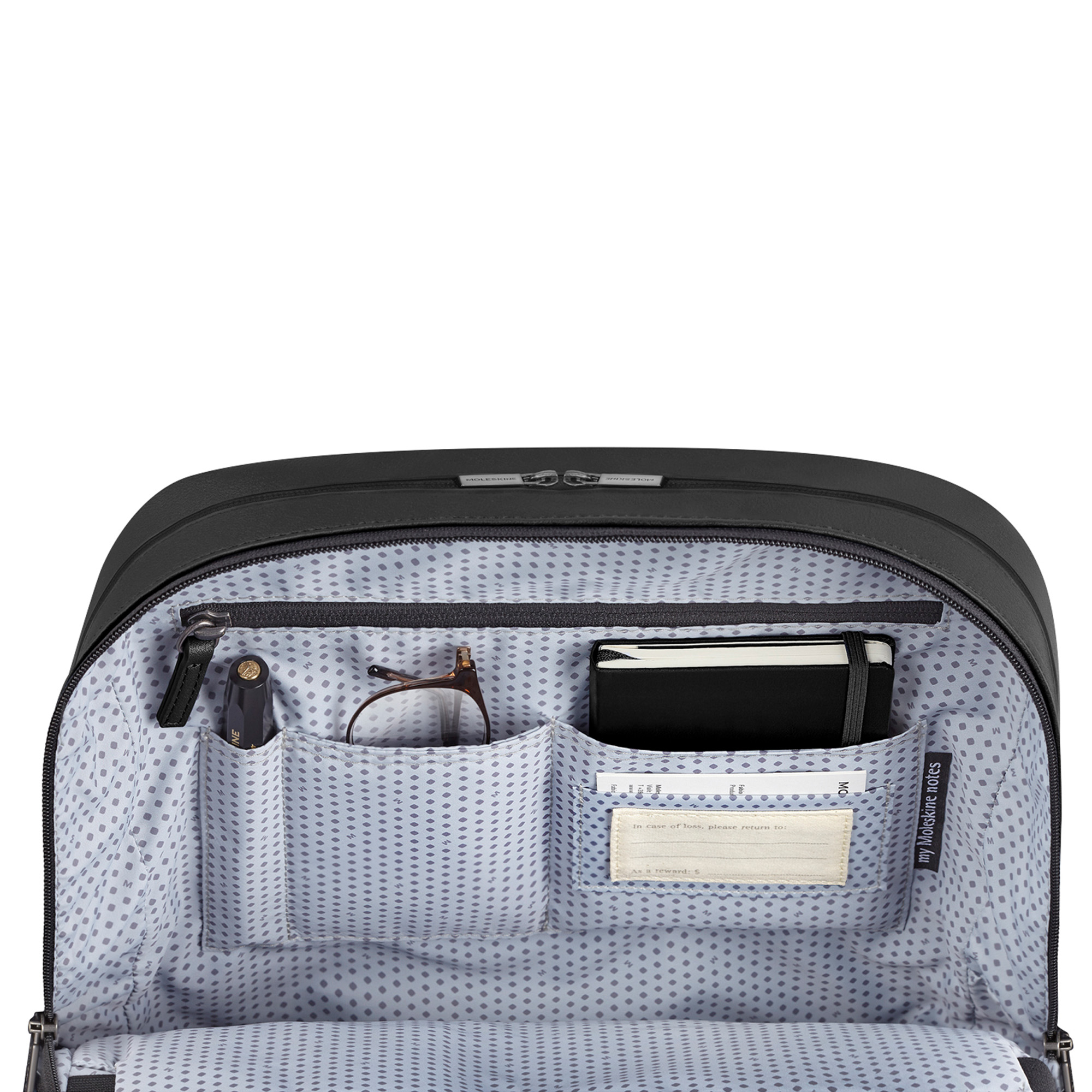 Borsa nera con scomparti per penna, occhiali e taccuino.
