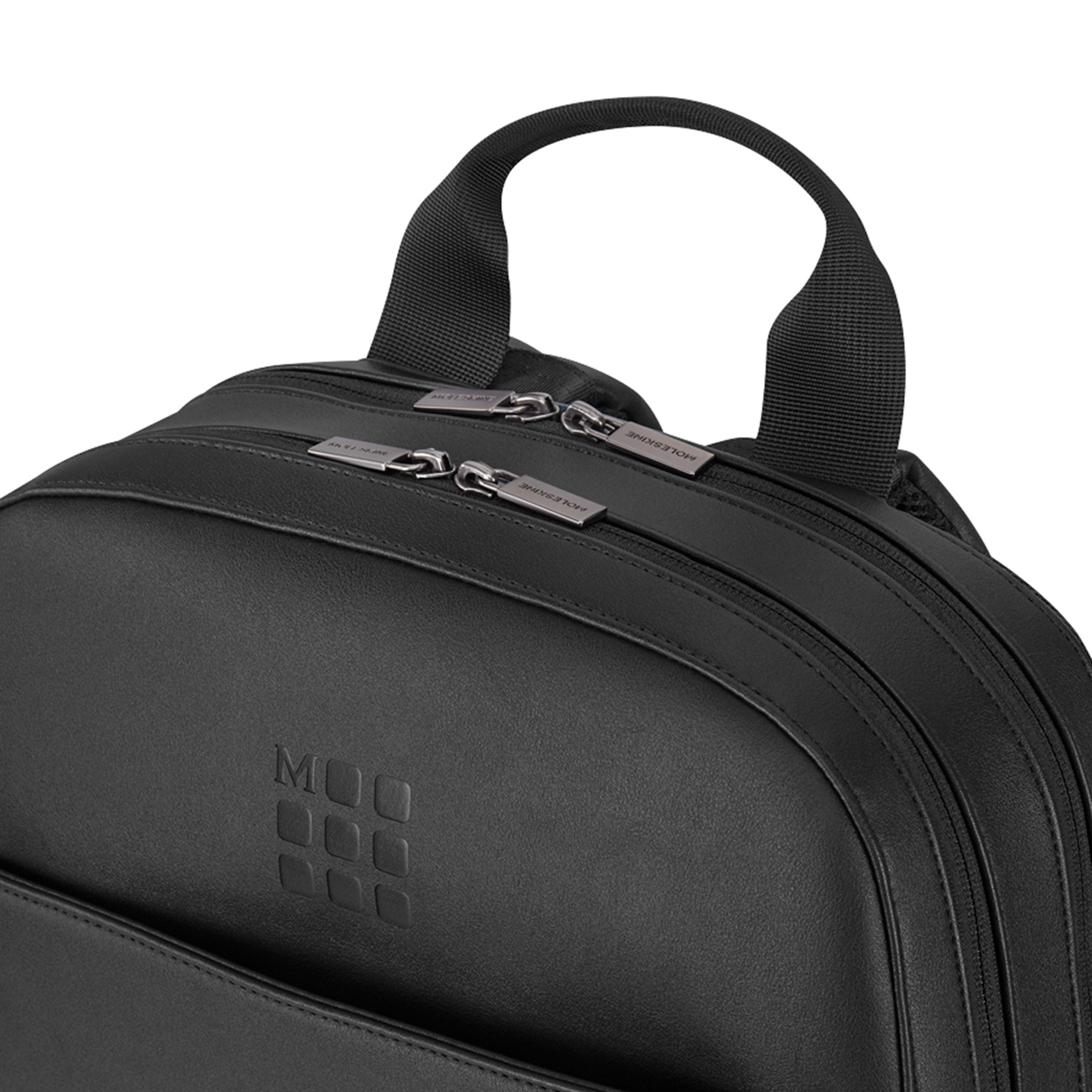 Zaino nero in pelle con due zip e logo.