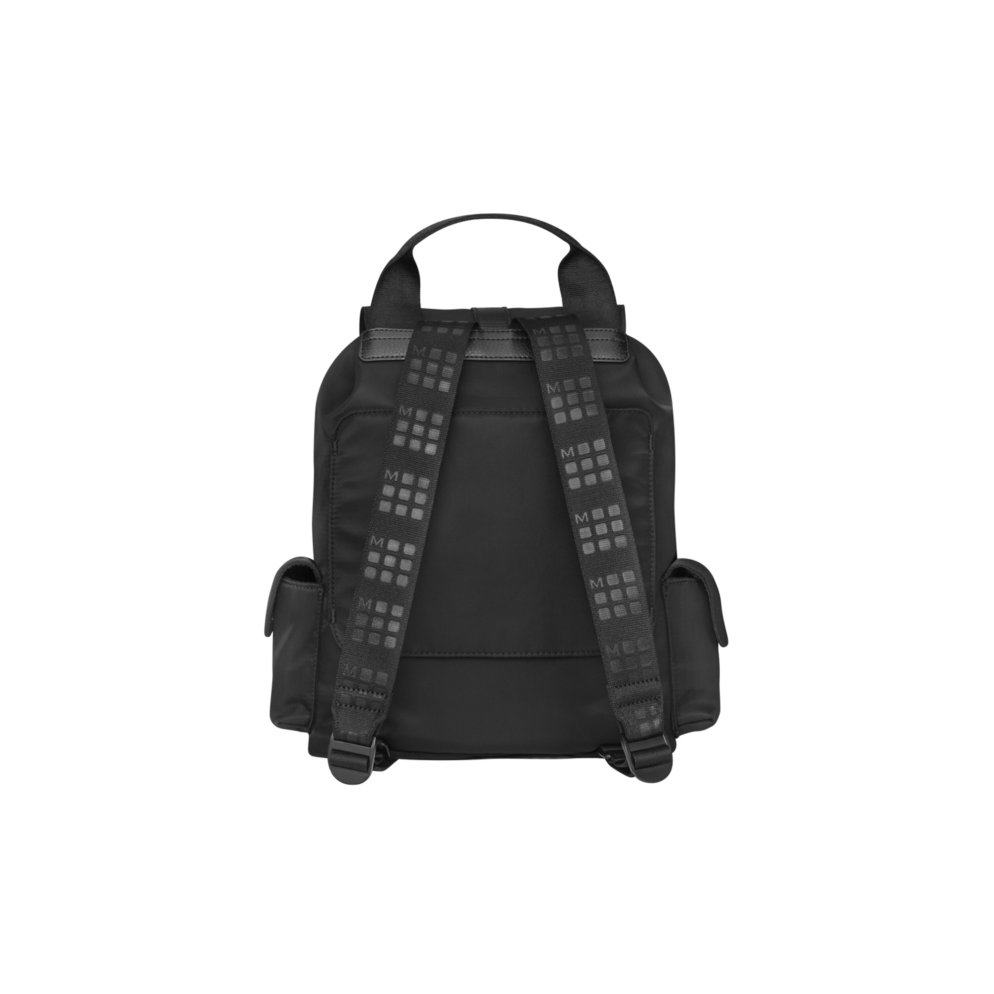 Zaino nero con spallacci logati e tasche laterali.
