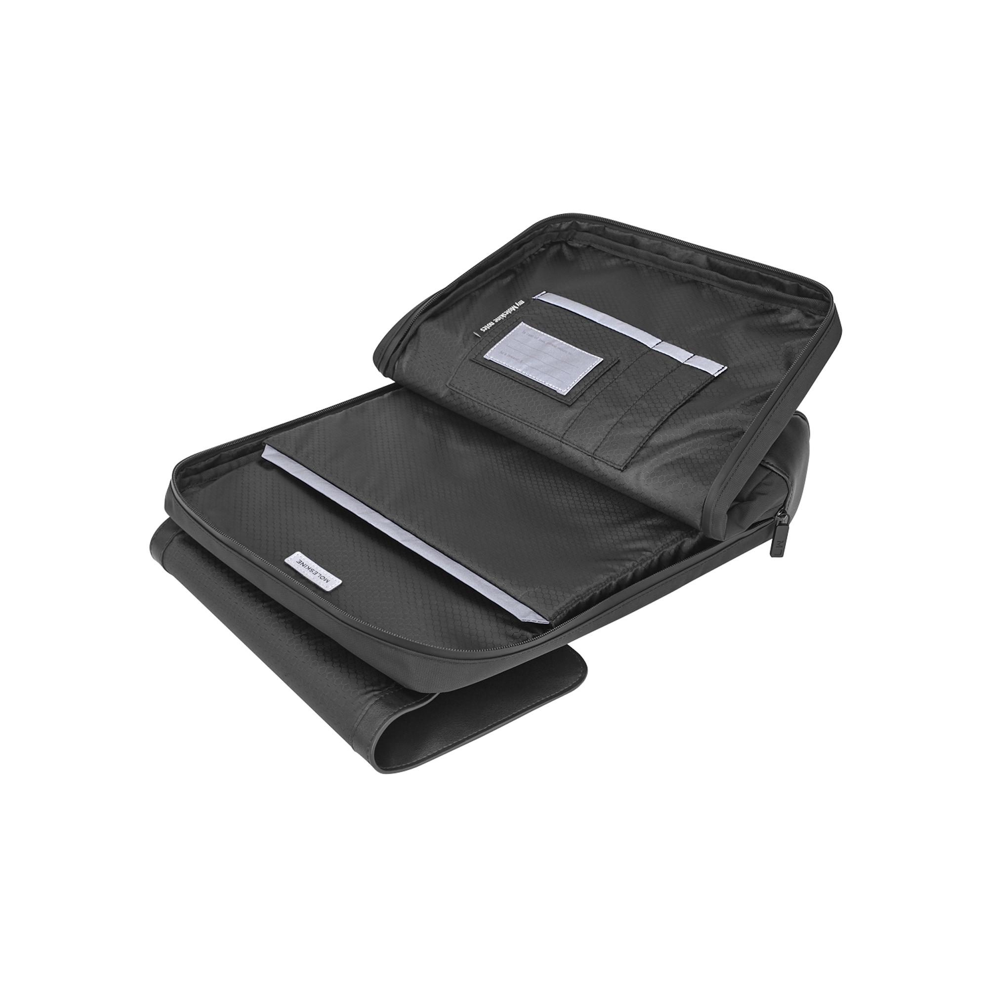 Borsa Moleskine nera, aperta, con laptop e taccuino all'interno.