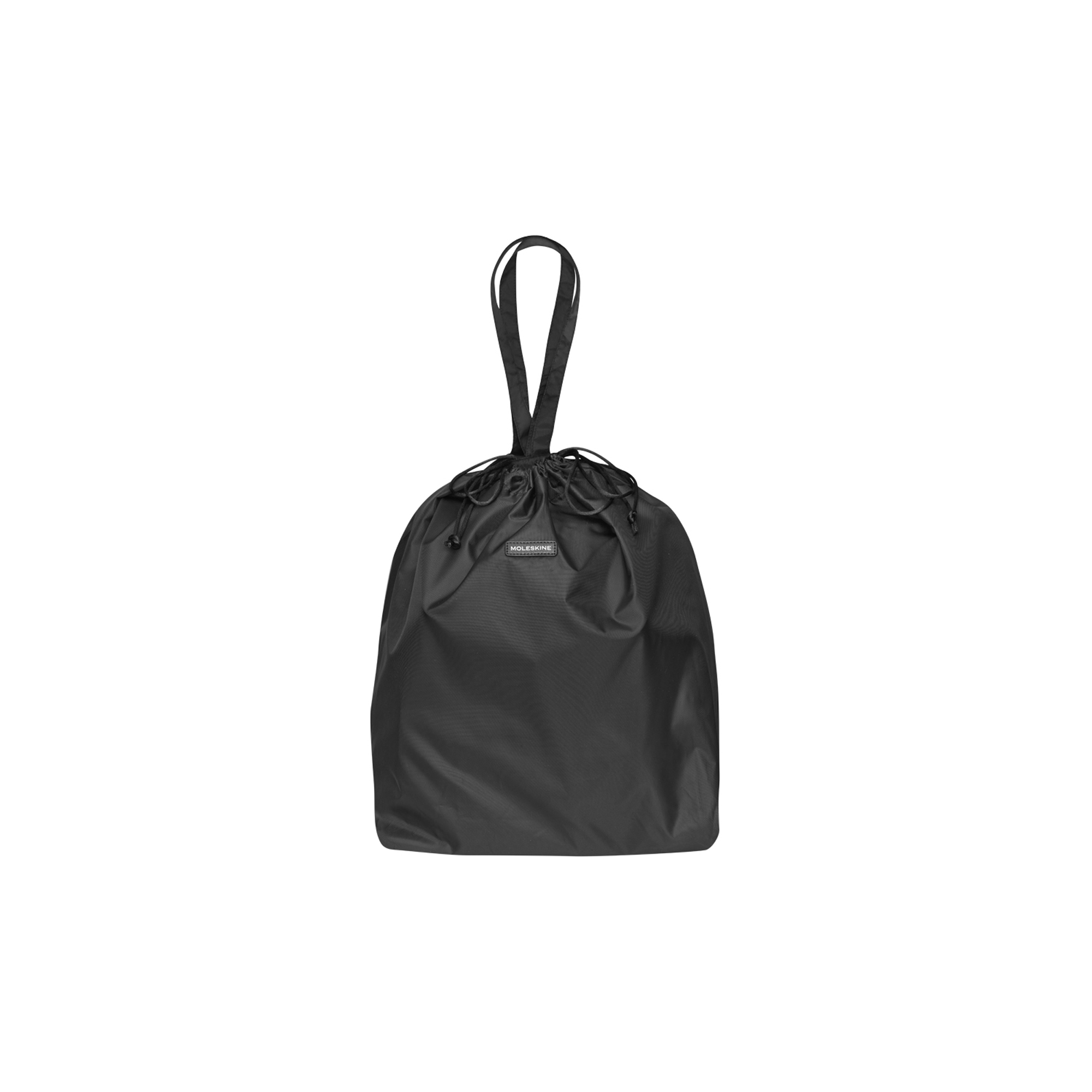 Borsa nera con coulisse, manici e etichetta logo Moleskine.