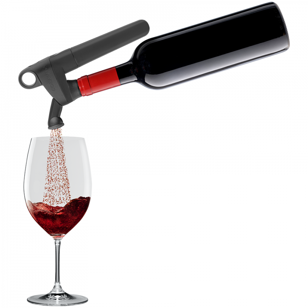 Butelka wina z urządzeniem Coravin nalewa czerwone wino do kieliszka.