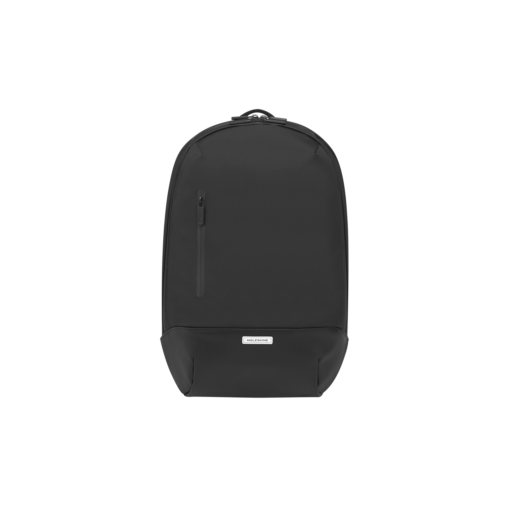 Uno zaino nero con una tasca con zip e un logo.