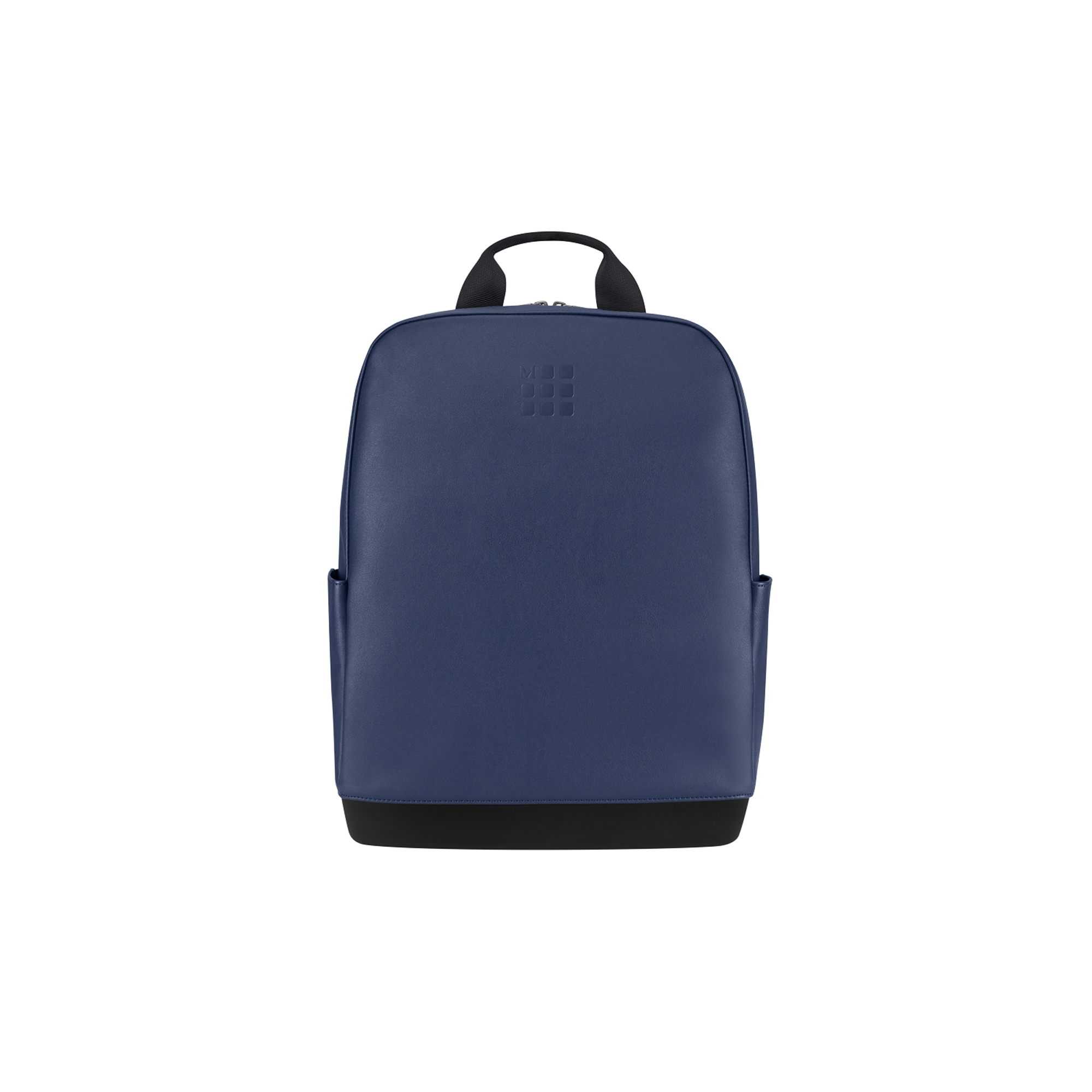 Uno zaino blu navy in pelle con base e manico superiore neri.