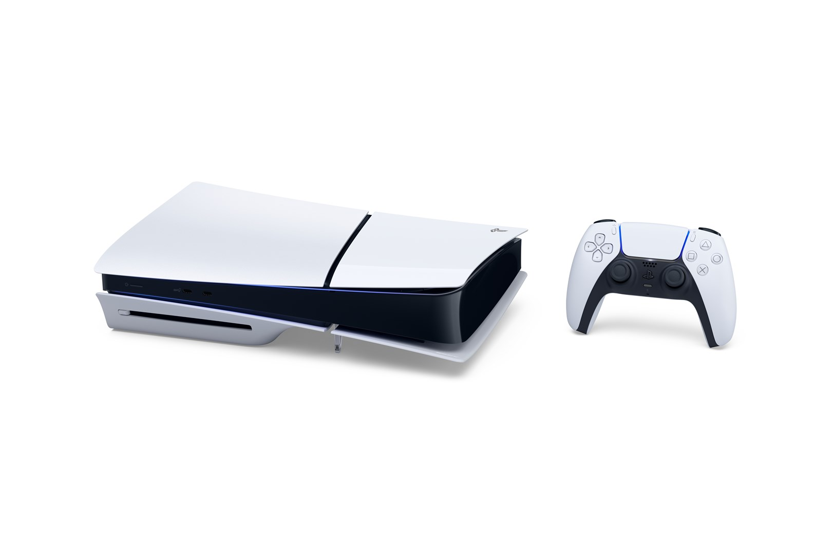 Biała konsola PlayStation 5 po lewej, biały kontroler po prawej.