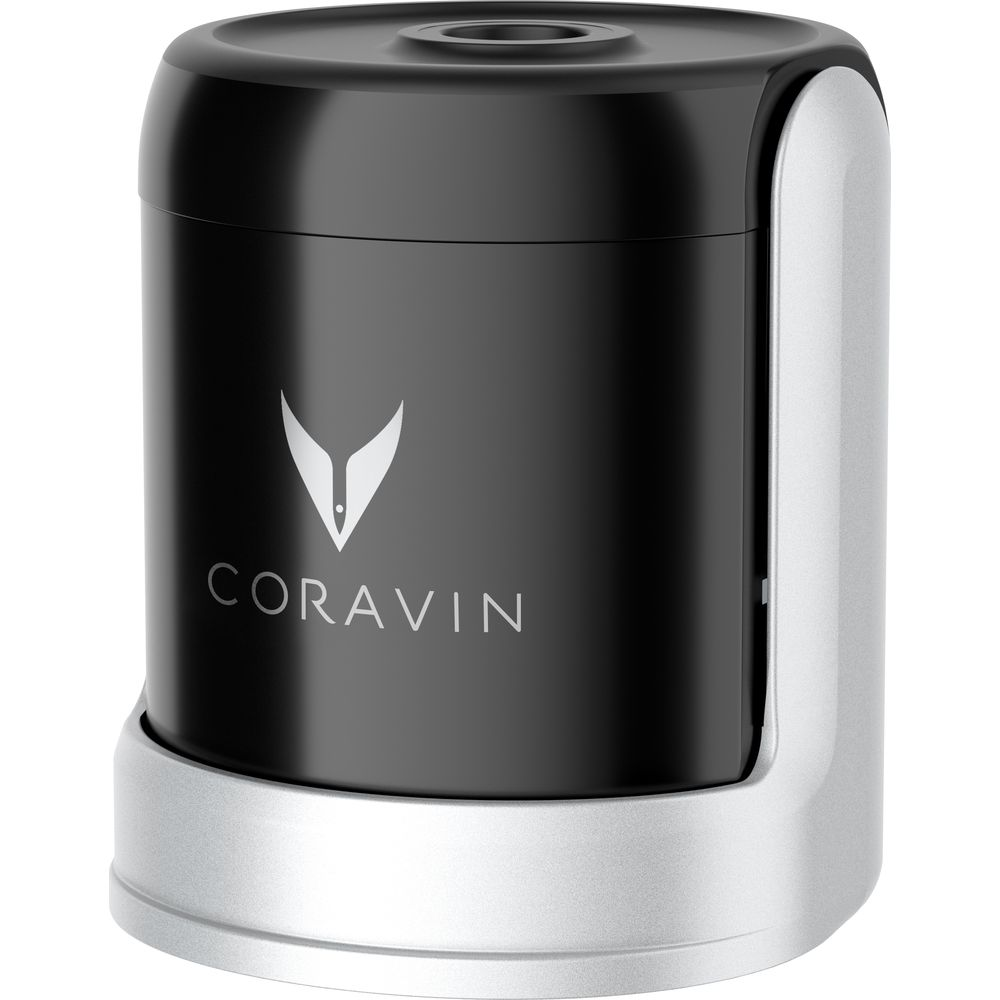 Czarno-srebrny aerator do wina z logo Coravin.
