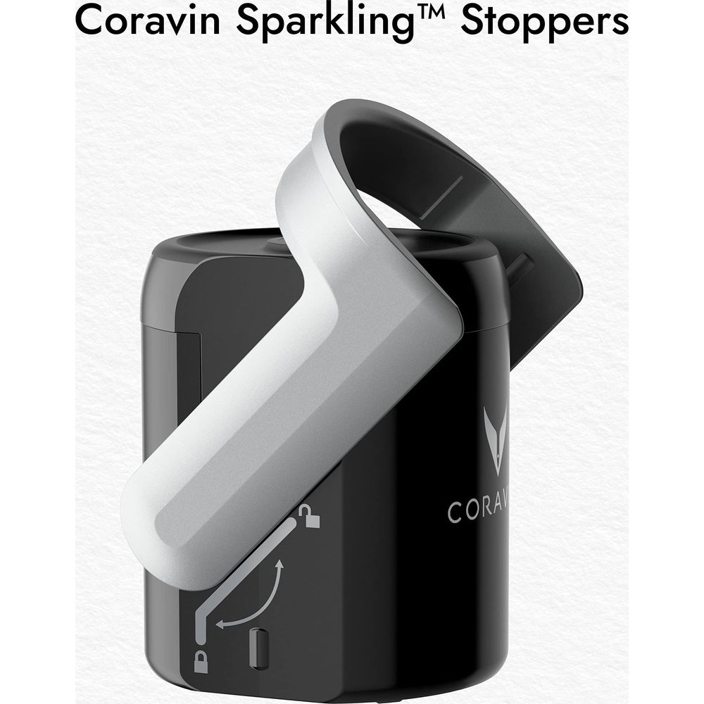 Czarny korek Coravin Sparkling ze srebrną rączką i mechanizmem blokującym.