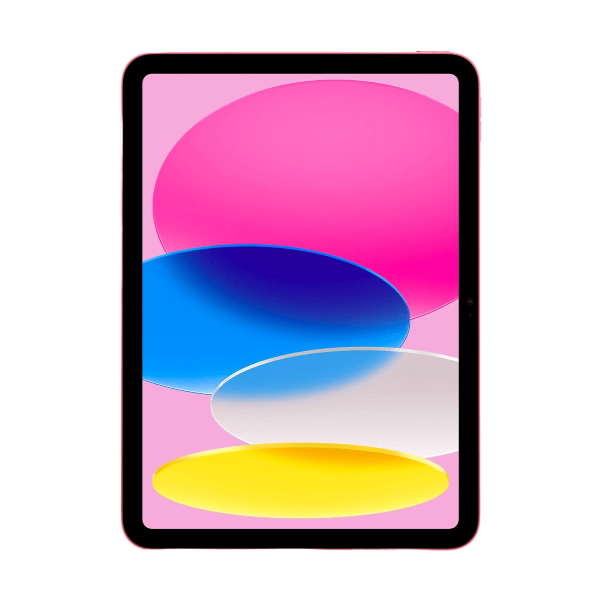 Różowy iPad wyświetlający kolorowe koła na ekranie.