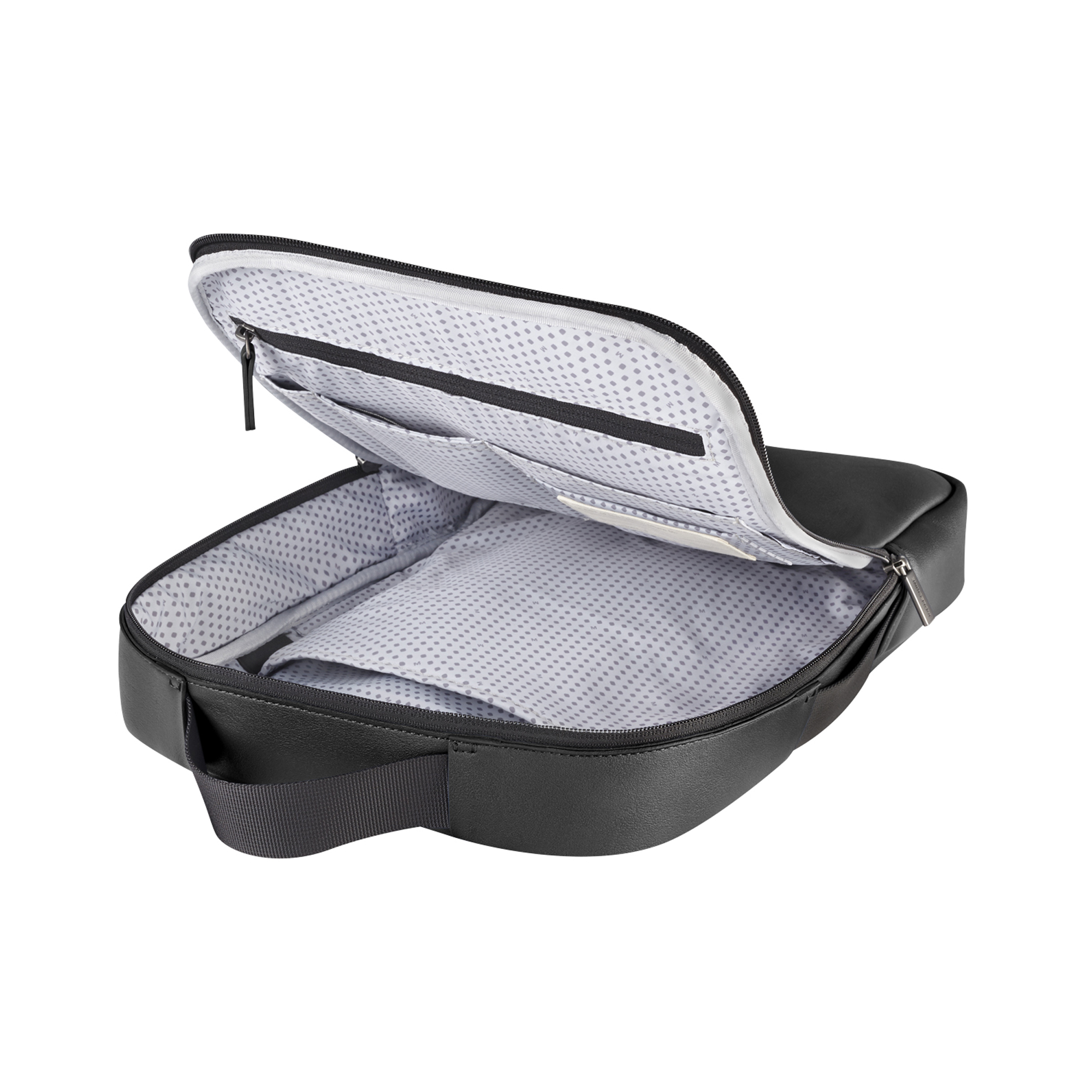 Borsa nera con cerniera aperta, che rivela scomparti interni fantasia.