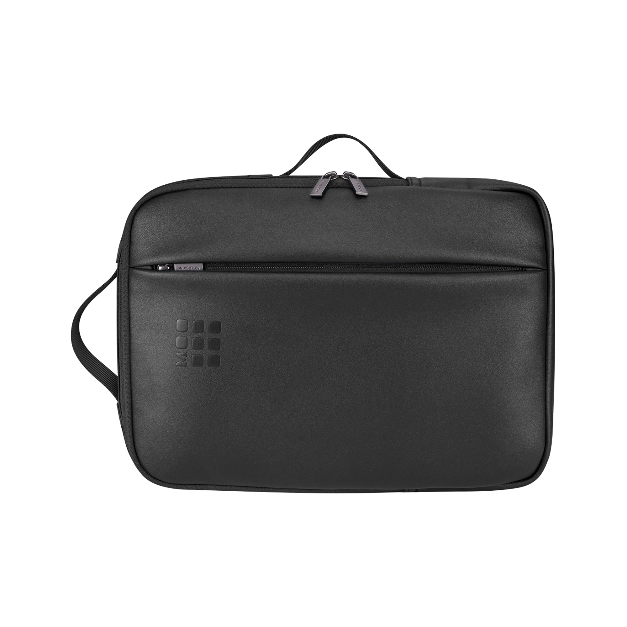 Borsa nera per laptop con cerniera e logo.