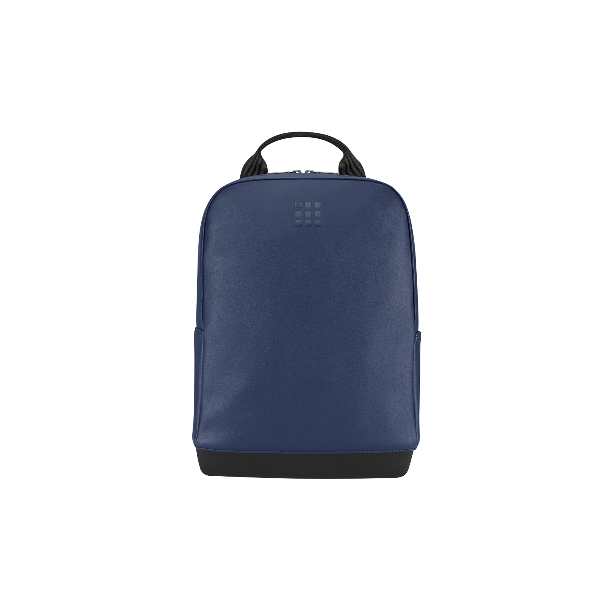 Uno zaino blu scuro con base nera e manico superiore.
