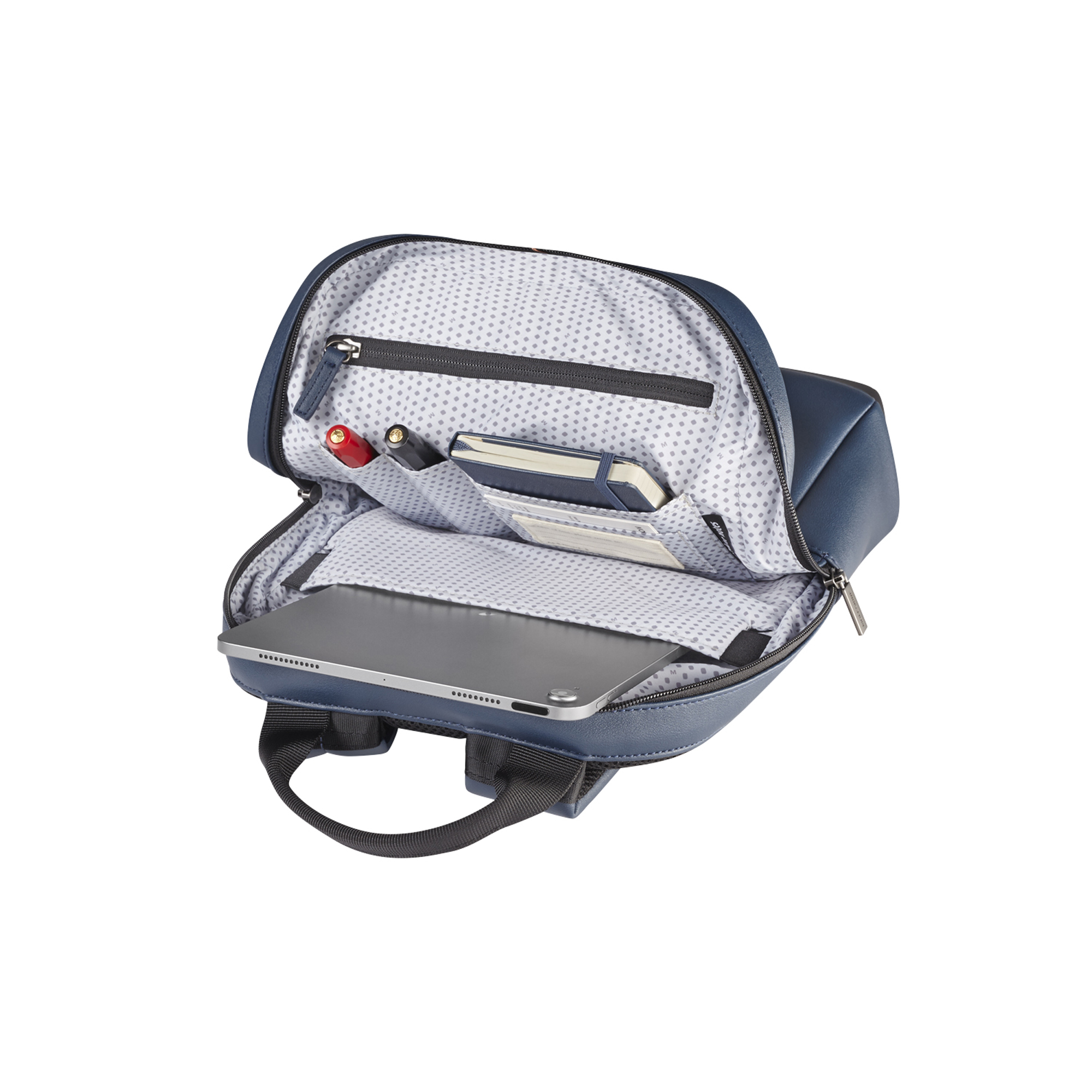 Borsa blu aperta con laptop, taccuino, penne e tablet.