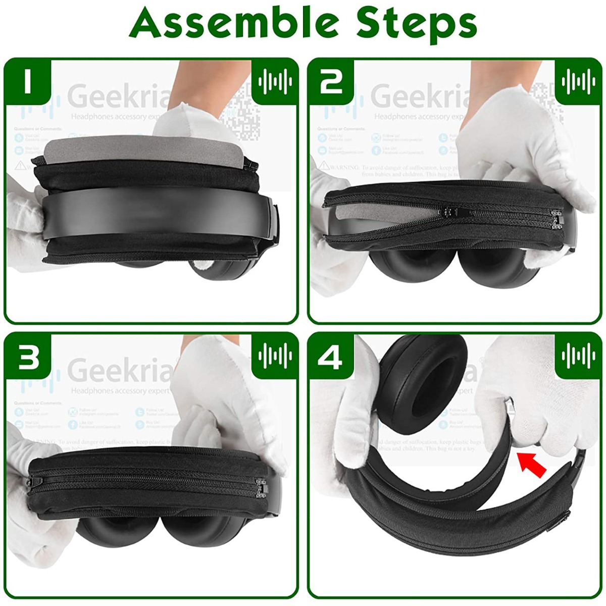 Passaggi 1-4: Cuffie inserite ed estratte da una custodia nera.