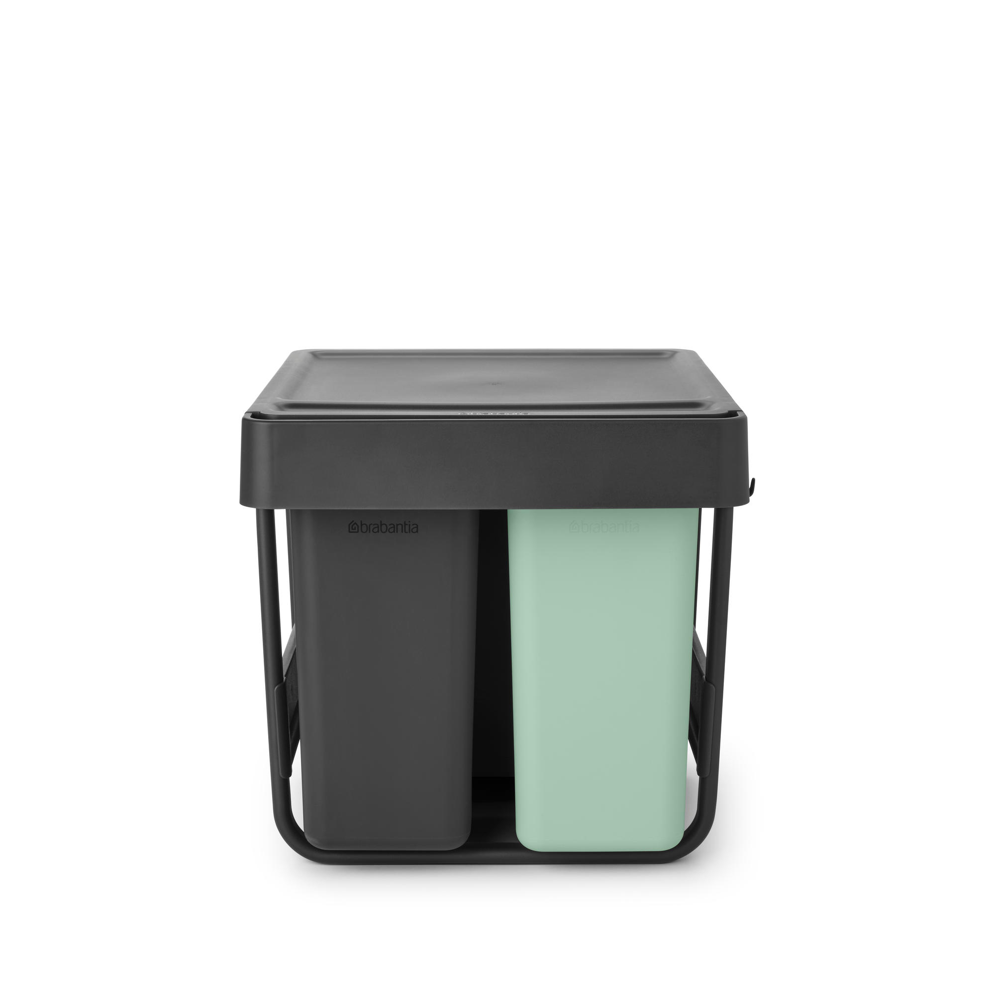 Une poubelle noire avec deux bacs: un gris et un vert menthe.